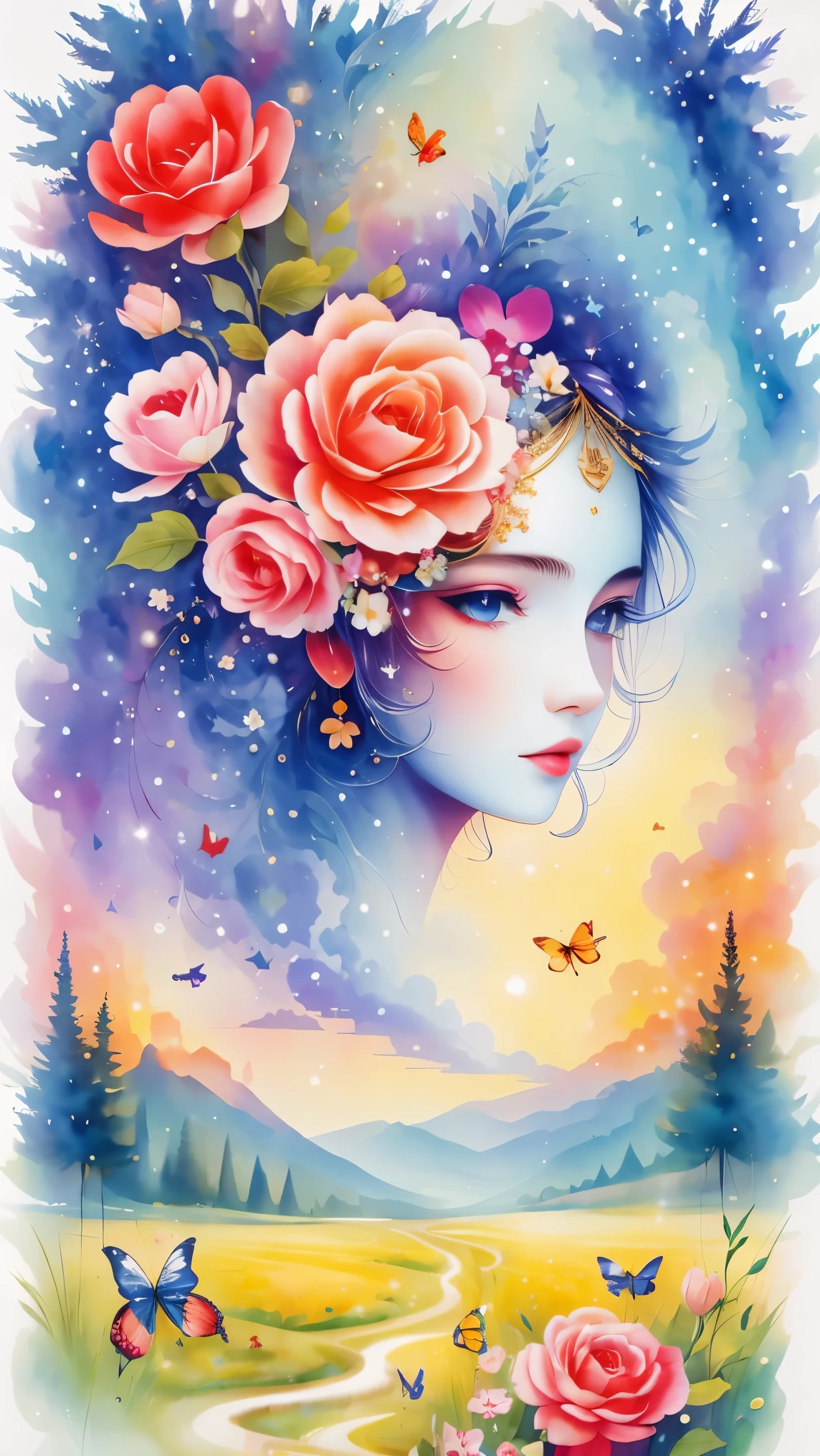 (masterpiece, best quality:1.2), greeting card design，soft space，I Love you,Sky，love