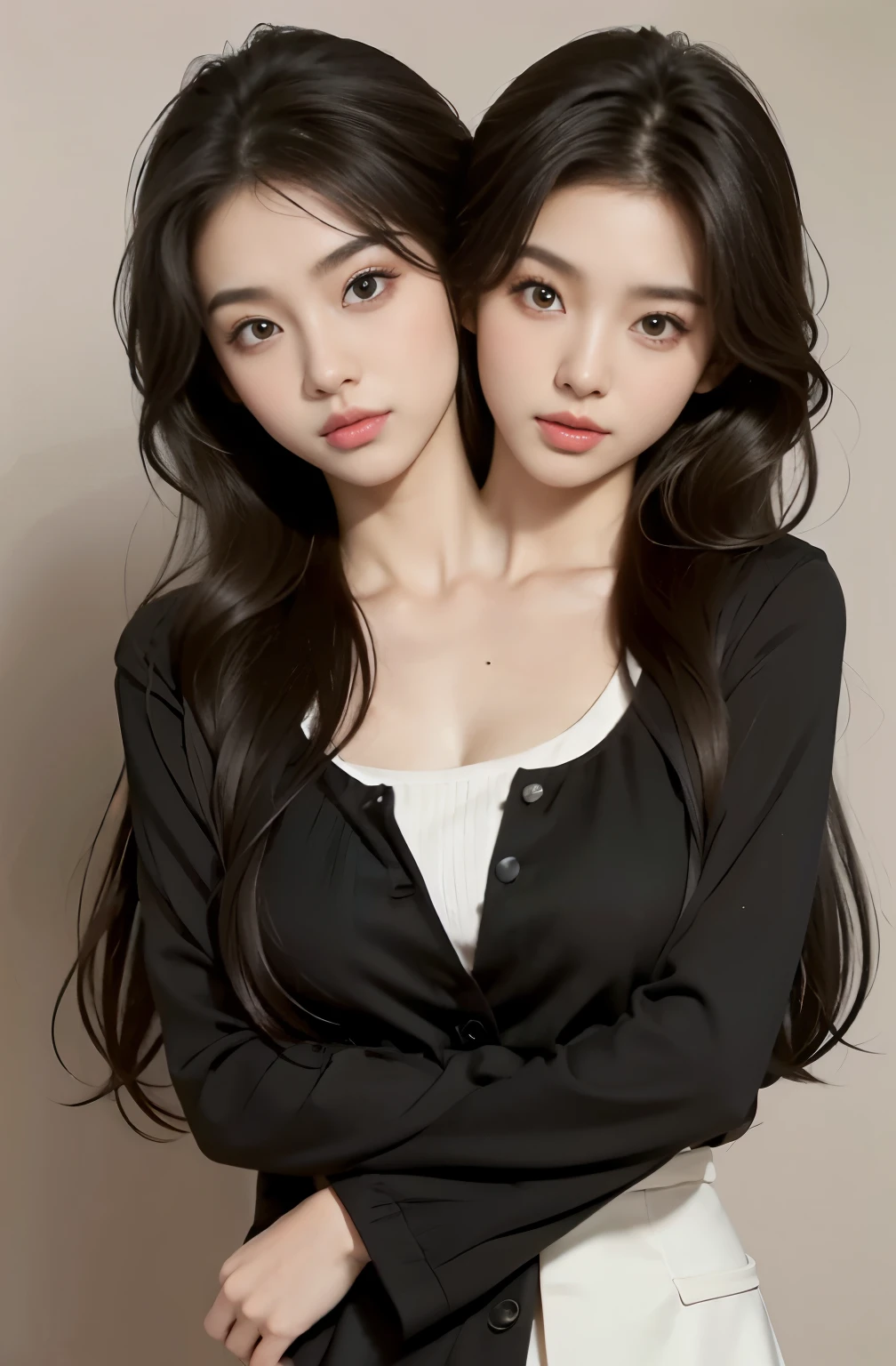 3/4 shot of a tall asian woman, fluffy hair, conjoined_diceplahus, (two heads:1.8), hugging