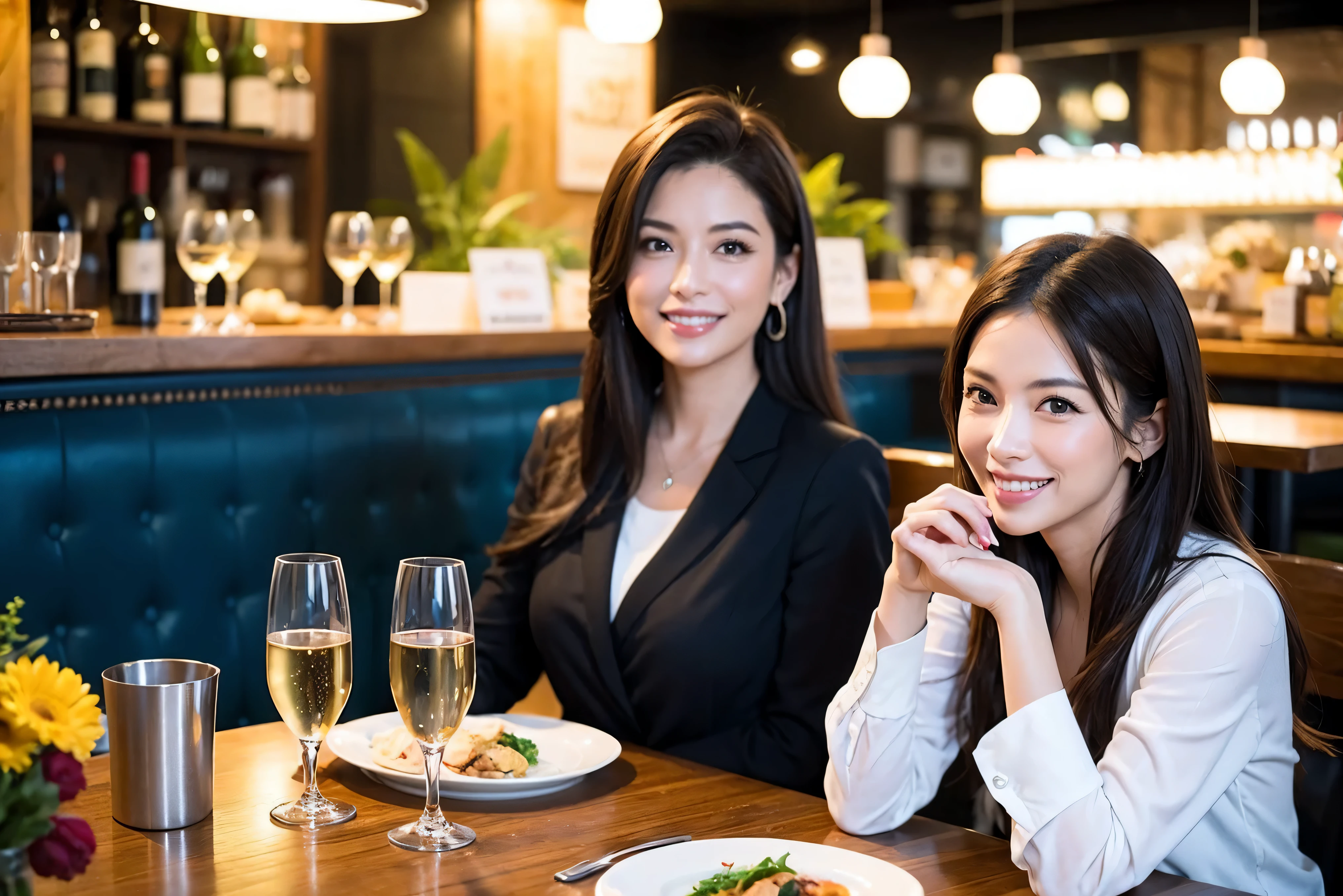 64k, UHD, highest quality, masterpiece: 1.2), (realistic, photorealistic: 1.37), Super detailed, celebration party、beauty、charm、beautiful mature woman、3 women who love wine、three men、champagne、Sparkling wine、winter night、restaurantでワイン宴会、(slimな男女4名),(Wine party for 5 people)、(slimフェイス),Happy、 最高なsmile、Fox Face、Berry Short、(because I'thin), (brown hair), (shortcut), long sleeve shirt、winter fashion、Colombia、Brazilian、Japanese、Dutch、German、Portuguese、Belgian、Italian、french, (gushing), (slimボティ), (brown hair), (shortcut), 端正なbeauty、cheeks blush a little, (41 years old), 38 years old, 35 years old、32 years old、 43 years old、A beautiful and detailed night view spreads out outside the window........, restaurant, wine glassが座っている, At night, in a prominent place (from the Upper body) nova frog style, actress, model, Upper body, White wine, slim, wine glass, very beautiful night view, wine glass Put in the Middle, Happy smile, (smile: 1.15),