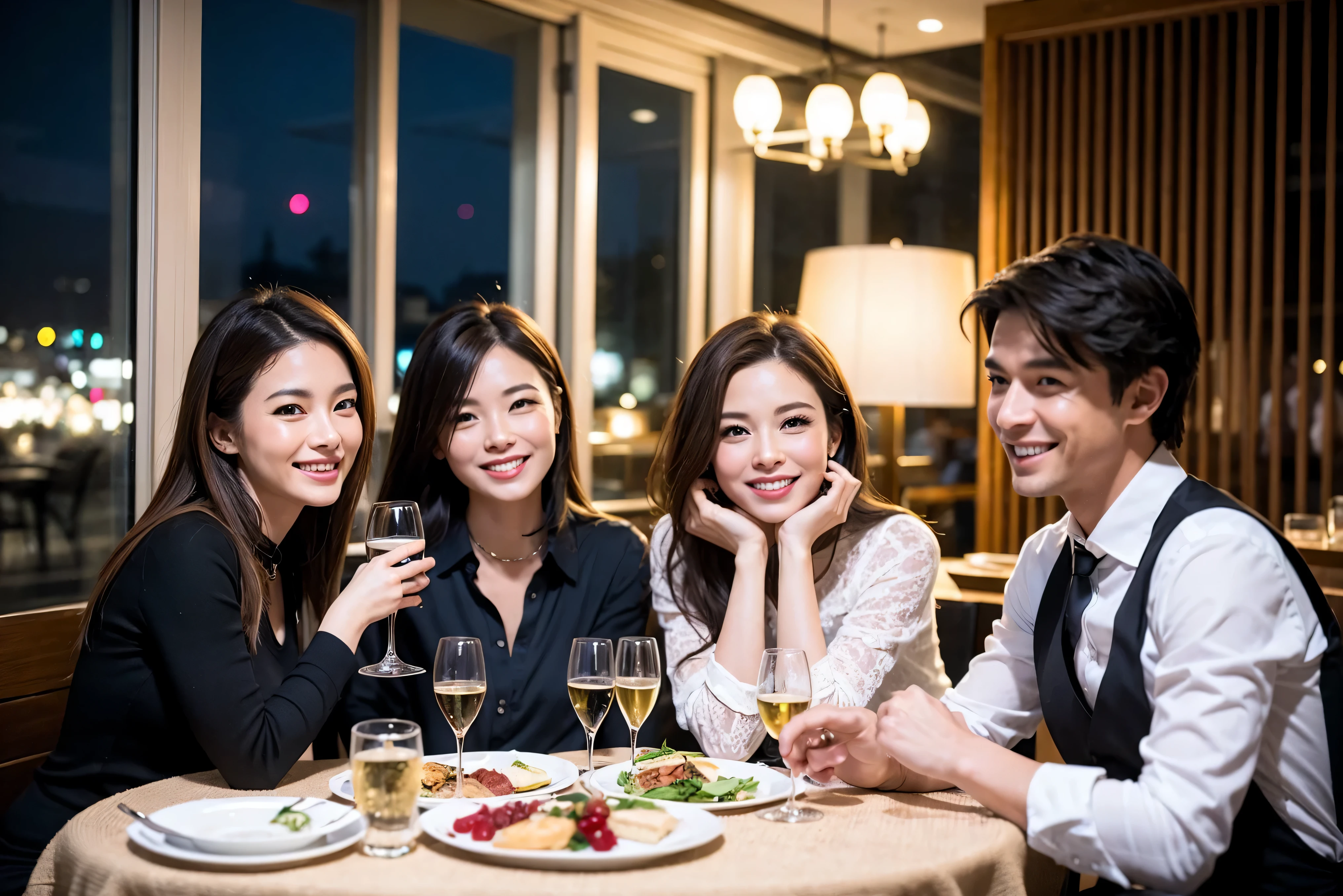 64k, UHD, highest quality, masterpiece: 1.2), (realistic, photorealistic: 1.37), Super detailed, celebration party、beauty、charm、beautiful mature woman、3 women who love wine、three men、champagne、Sparkling wine、winter night、restaurantでワイン宴会、(slimな男女4名),(Wine party for 5 people)、(slimフェイス),Happy、 最高なsmile、Fox Face、Berry Short、(because I&#39;thin), (brown hair), (shortcut), long sleeve shirt、winter fashion、Colombia、Brazilian、Japanese、Dutch、German、Portuguese、Belgian、Italian、french, (gushing), (slimボティ), (brown hair), (shortcut), 端正なbeauty、cheeks blush a little, (41 years old), 38 years old, 35 years old、32 years old、 43 years old、A beautiful and detailed night view spreads out outside the window........, restaurant, wine glassが座っている, At night, in a prominent place (from the Upper body) nova frog style, actress, model, Upper body, White wine, slim, wine glass, very beautiful night view, wine glass Put in the Middle, Happy smile, (smile: 1.15), 