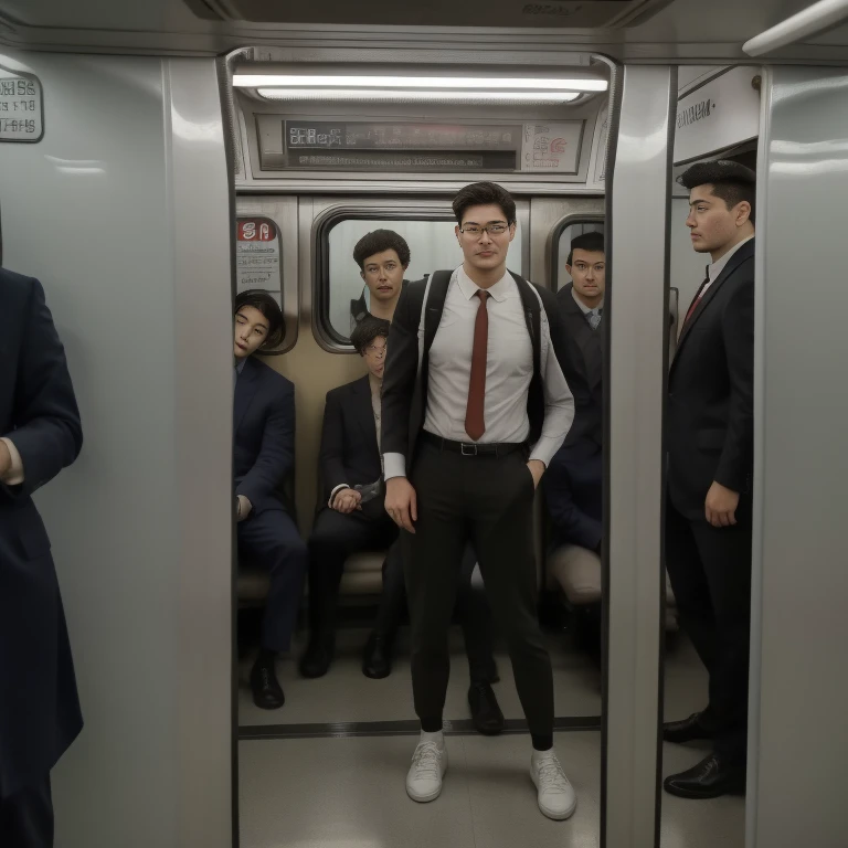 1人，A 20-year-old man in the subway，Standing in a subway car，Ultra-flat head，Wearing a suit，huge bulge,  leg apart，musculous，Handsome，Look at your phone，Wear AirPods，Wear an Apple Watch，Sport backpack，white short socks，White sneakers，pervert smirk，exhilarated，full bodyesbian，Exposing thighs，Expose calves，Thick leg hair，In crowded subway cars，gentlesoftlighting，tmasterpiece，best qualtiy，8K  UHD,16k resolution , ultra-high clarity , hyperrealism , ultra hd picture , uhd