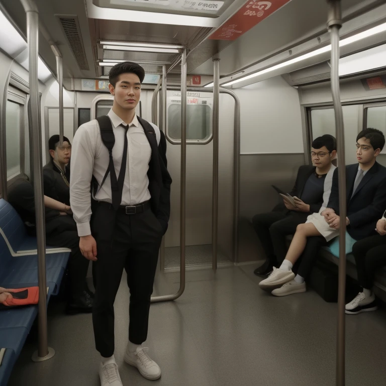 1人，A 20-year-old man in the subway，Standing in a subway car，Ultra-flat head，Wearing a suit，huge bulge,  leg apart，musculous，Handsome，Look at your phone，Wear AirPods，Wear an Apple Watch，Sport backpack，white short socks，White sneakers，pervert smirk，exhilarated，full bodyesbian，Exposing thighs，Expose calves，Thick leg hair，In crowded subway cars，gentlesoftlighting，tmasterpiece，best qualtiy，8K  UHD，digital SLR camera，filmgrain，Fujifilm XT3 Realistic painting art，Written by Midjourney and Greg Rutkowski