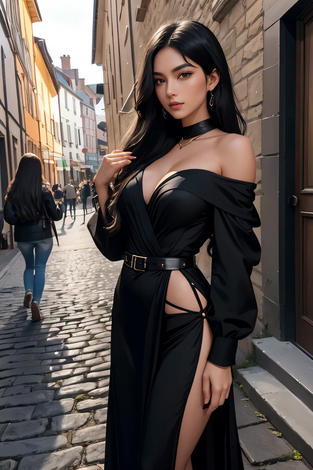 Jet-black, shoulder-length hair flows in loose waves, framing her face like a cascade of dark silk. With a toned and athletic body type, Jade exudes confidence and allure. https://image.cdn2.seaart.ai/2024-02-04/cmvqpide878c73ck5kjg/0d590f662fb17cb3aec5b451dbf89089c233cbe9_high.webp Jade immerses herself in the charm of a European village, navigating cobblestone streets with grace while donning a flowy dress and chic accessories.