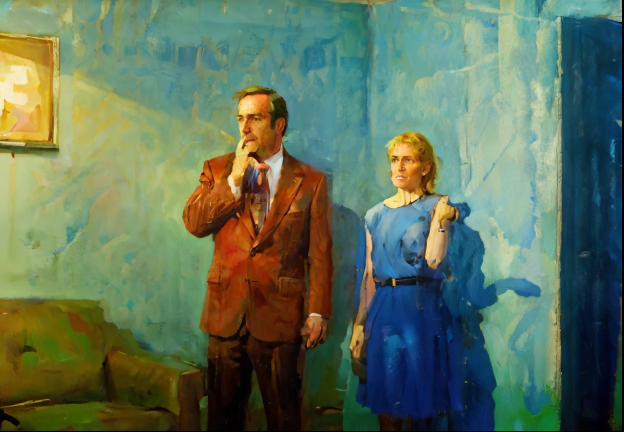 they are standing next to each other in a room, kim wexler and saul goodman, promo still, promotional image, still from better call saul, promotional still, hopper and gilleard, promotional shot, promo image, actors, promo shot, by Morris Kestelman, advertising photo, dramatic film still, hugh kretschmer, dramatic artwork, film promotional still, shadows