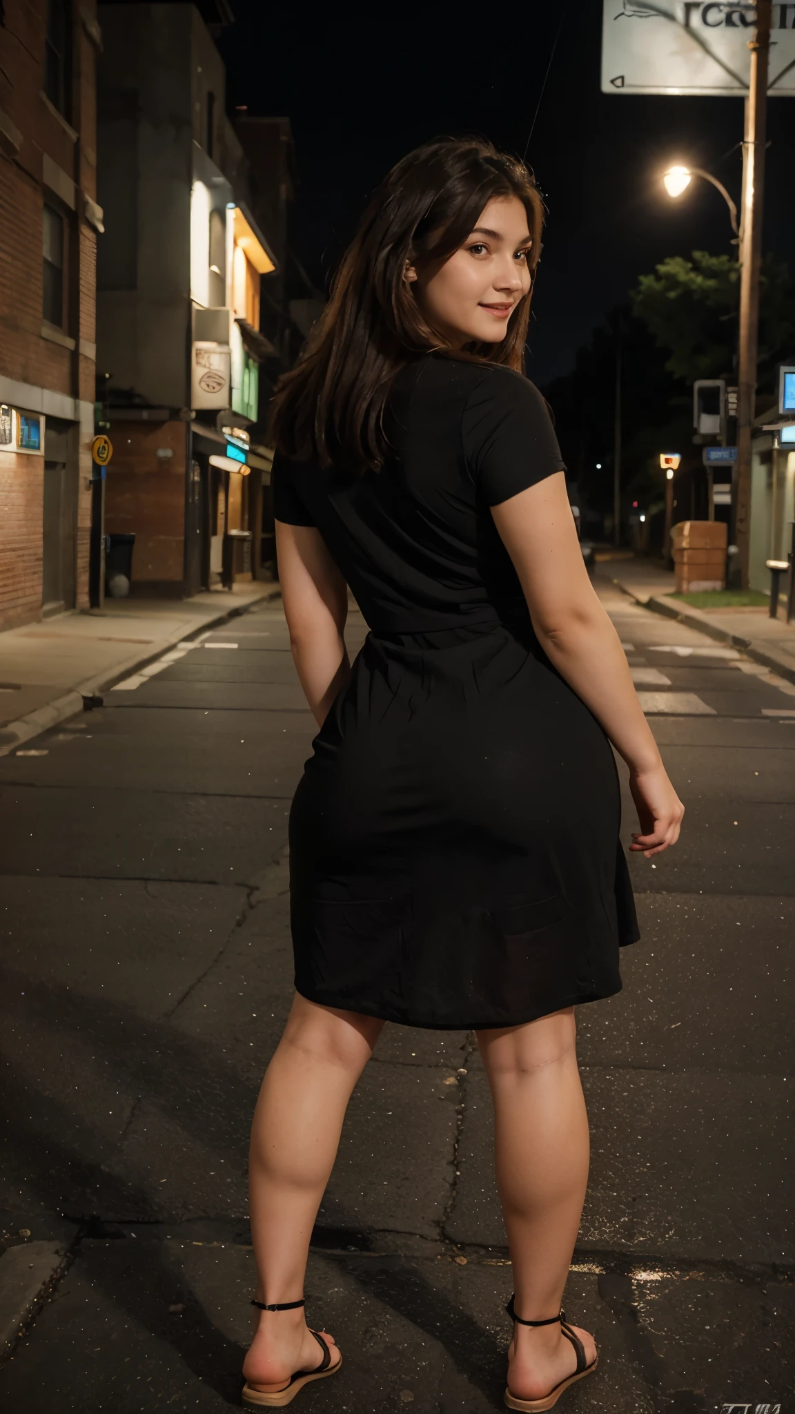 23 years old lady, big thighs, nice dress, medium size , perfect body, perfect face, looking towards camera, mild smile, black, night, street, back view, under street light, near car side, whole body including feet should visible from distance