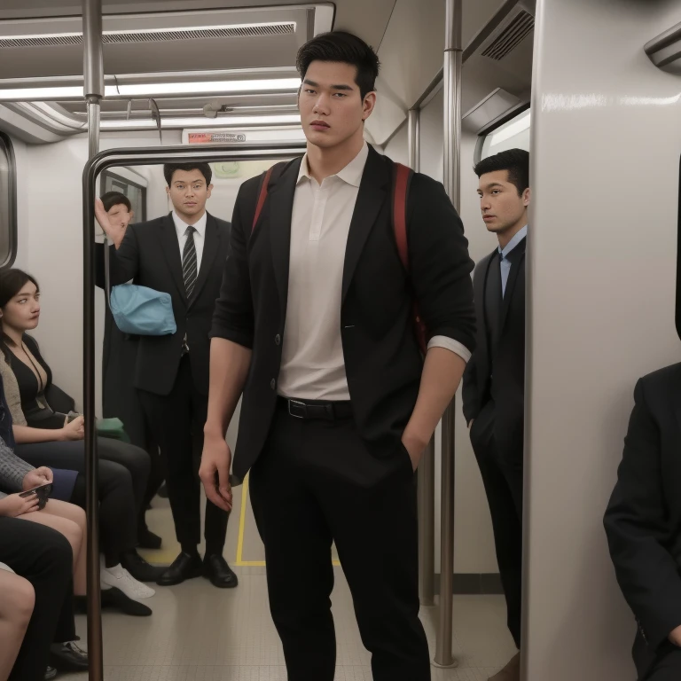 1人，A 20-year-old man in the subway，Standing in a subway car，Ultra-flat head，Wearing a suit，huge bulge,  leg apart，musculous，Handsome，Look at your phone，Wear AirPods，Wear an Apple Watch，Sport backpack，white short socks，White sneakers，pervert smirk，exhilarated，full bodyesbian，Exposing thighs，Expose calves，Thick leg hair，In crowded subway cars，gentlesoftlighting，tmasterpiece，best qualtiy，8K  UHD,16k resolution , ultra-high clarity , hyperrealism , ultra hd picture , uhd