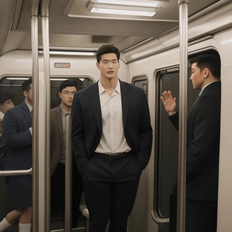 man in the subway, Ultra-flat head,Wearing a suit,huge bulge, leg apart,musculous,Handsome, pervert smirk, Exposing thighs, In crowded subway cars, 16k resolution , ultra-high clarity , hyperrealism , ultra hd picture , uhd , details face , details , handsome man , high quality , Sit next to you、Lean on the man next to you , nsfw , sexy , eroticism , sitting side b side