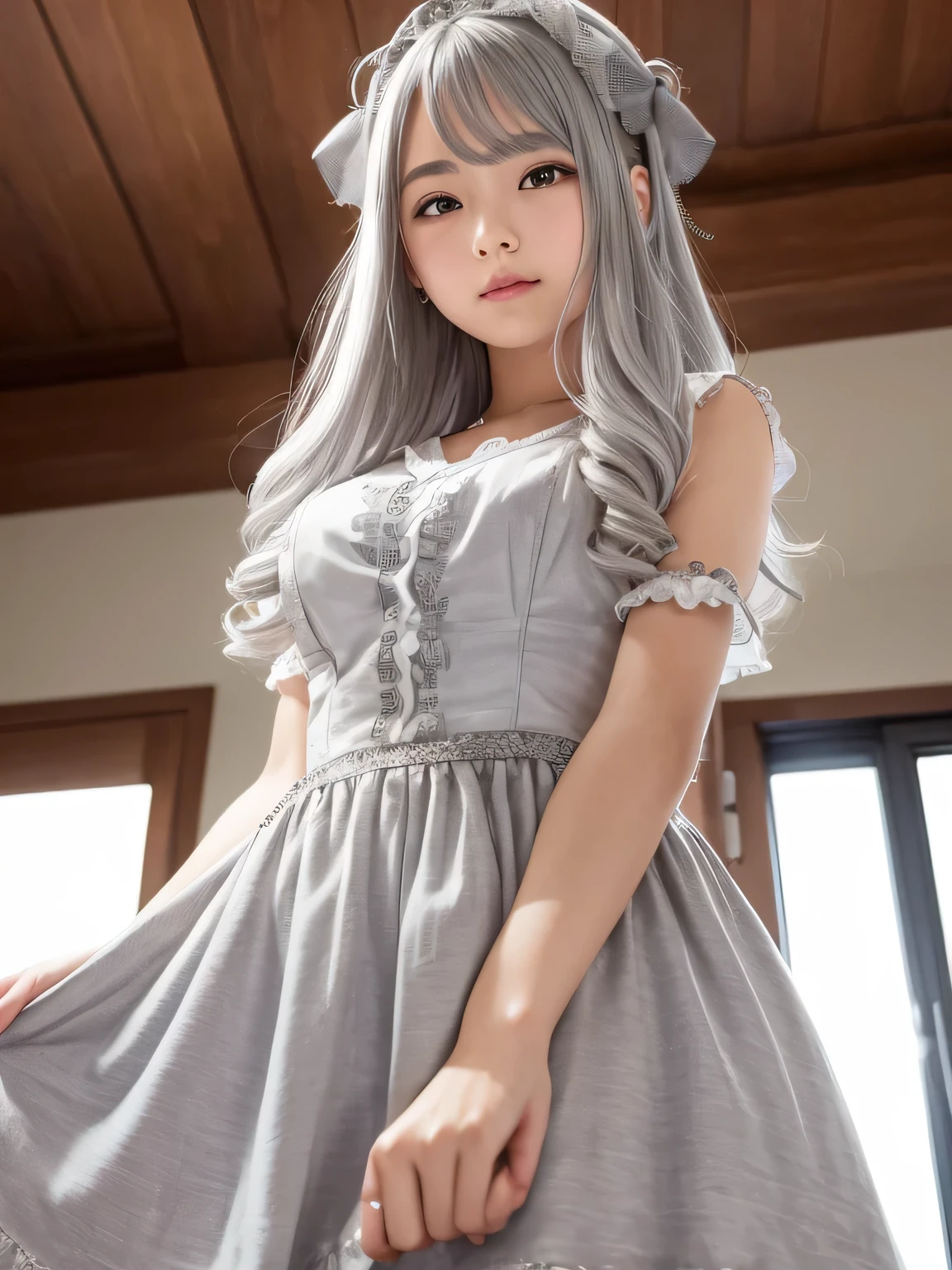 In maid clothes 、hair ornaments、whole body、Photo taken from directly below、one beautiful maid、(((silver hair)))、indoor