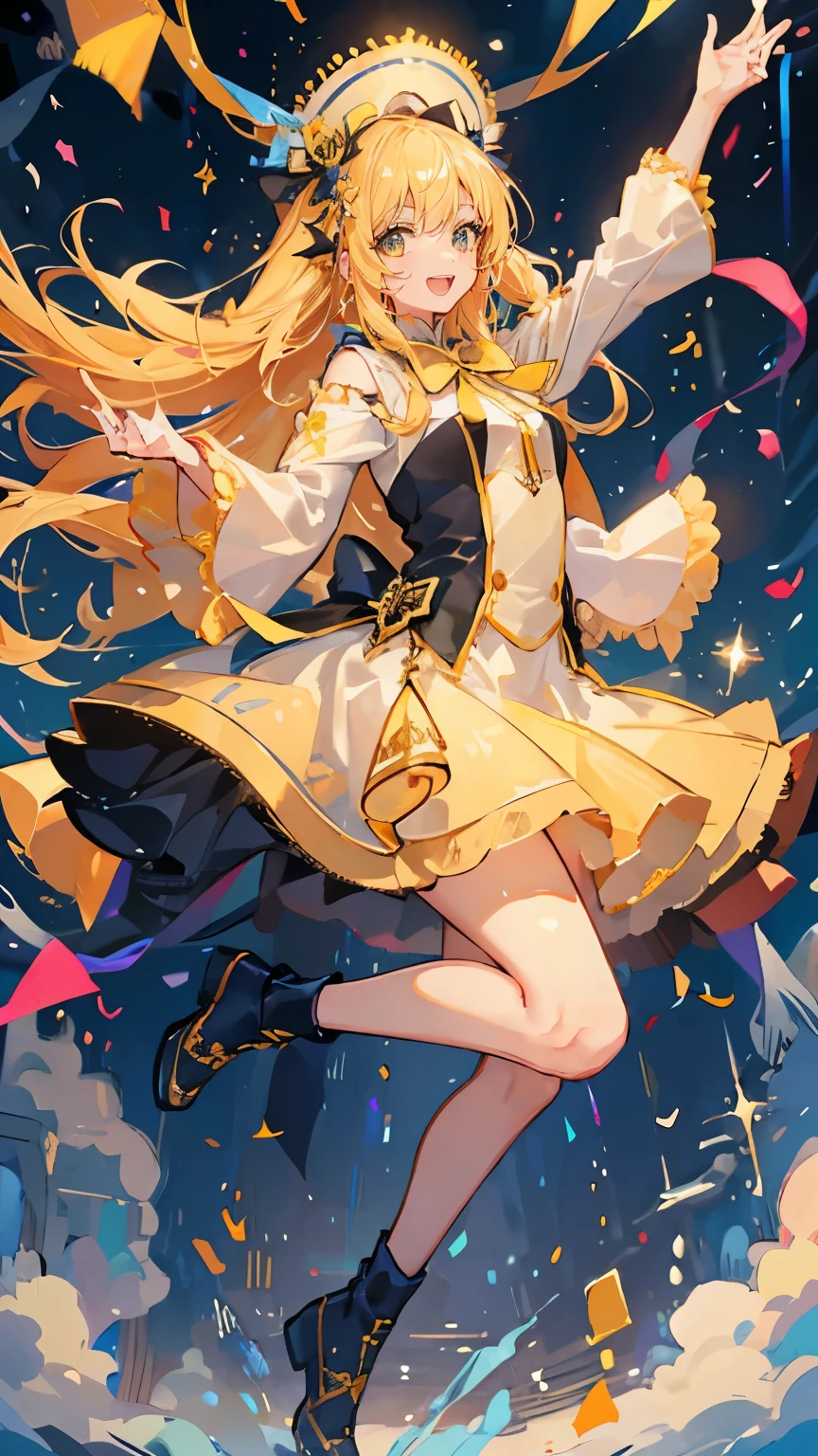 (muste piece), (best quality), very detailed, ((1 girl)), solo full body shot,Low - Angle,dynamic,jump,((A big smile)),wink,perfect face, beautiful face, very detailedな顔,(blonde long hair_yellow eyes:1.3),idol costume,Solo Idol,Ribbon hair ornament,concert dome,live,have a microphone,singing,Smiling with mouth wide open,Laser Light,Spotlight,confetti