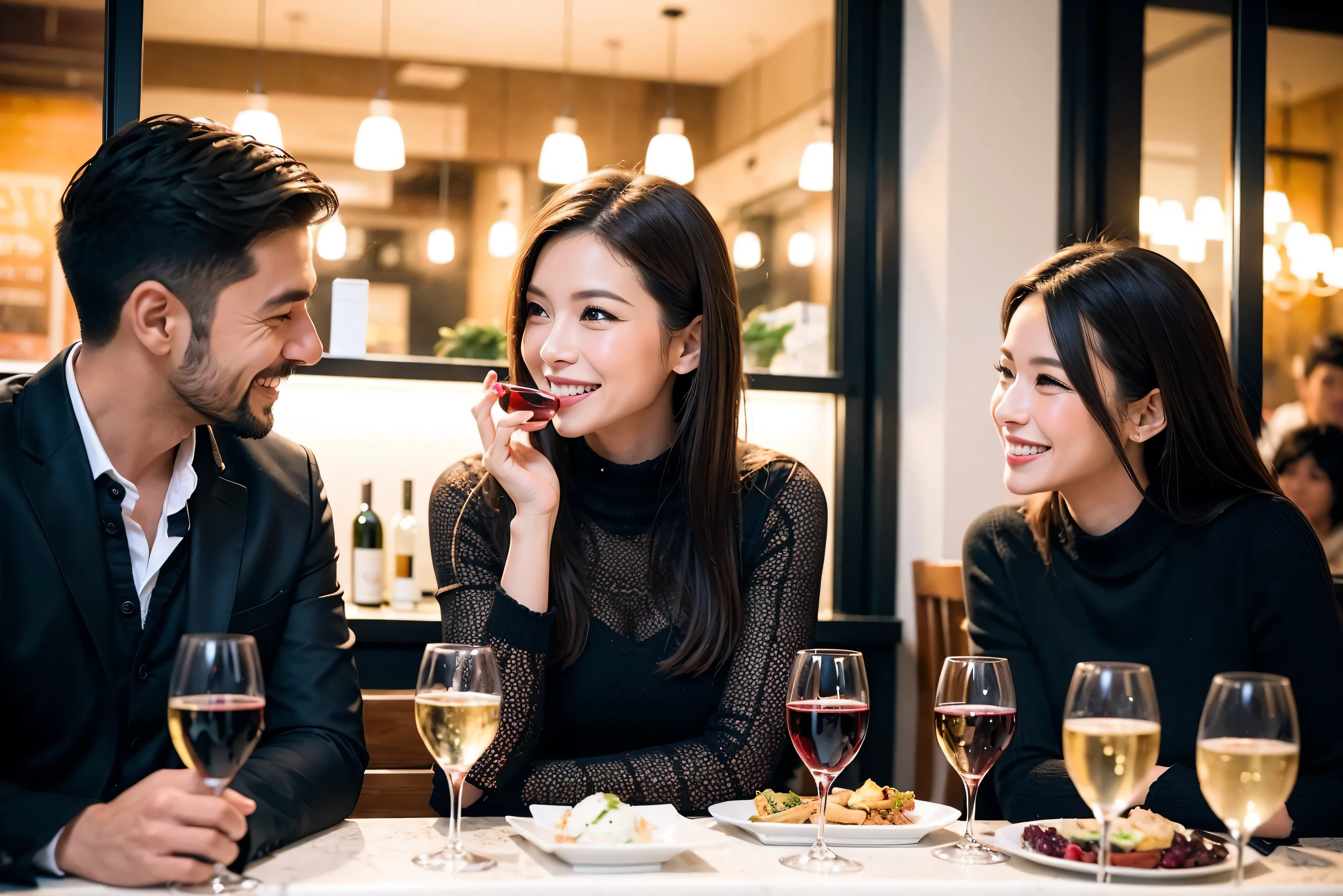 64k, UHD, highest quality, masterpiece: 1.2), (realistic, photorealistic: 1.37), Super detailed, celebration party、beauty、Charm、beautiful mature woman、3 women who love wine、three men、champagne、Sparkling wine、winter night、restaurantでワイン宴会、(slimな男女4名),(Wine party for 5 people)、(slimフェイス),Happy、 最高なsmile、Fox Face、Berry Short、(because I'thin), (brown hair), (shortcut), long sleeve shirt、winter fashion、Colombia、Brazilian、Japanese、Dutch、German、Portuguese、Belgian、Italian、french, (gushing), (slimボティ), (brown hair), (shortcut), 端正なbeauty、cheeks blush a little, (41 years old), 38 years old, 35 years old、32 years old、 A beautiful and detailed night view spreads out outside the window........, restaurant, wine glassが座っている, At night, in a prominent place (from the Upper body) nova frog style, actress, model, Upper body, White wine, slim, wine glass, very beautiful night view, wine glass Put in the Middle, Happy smile, (smile: 1.15),