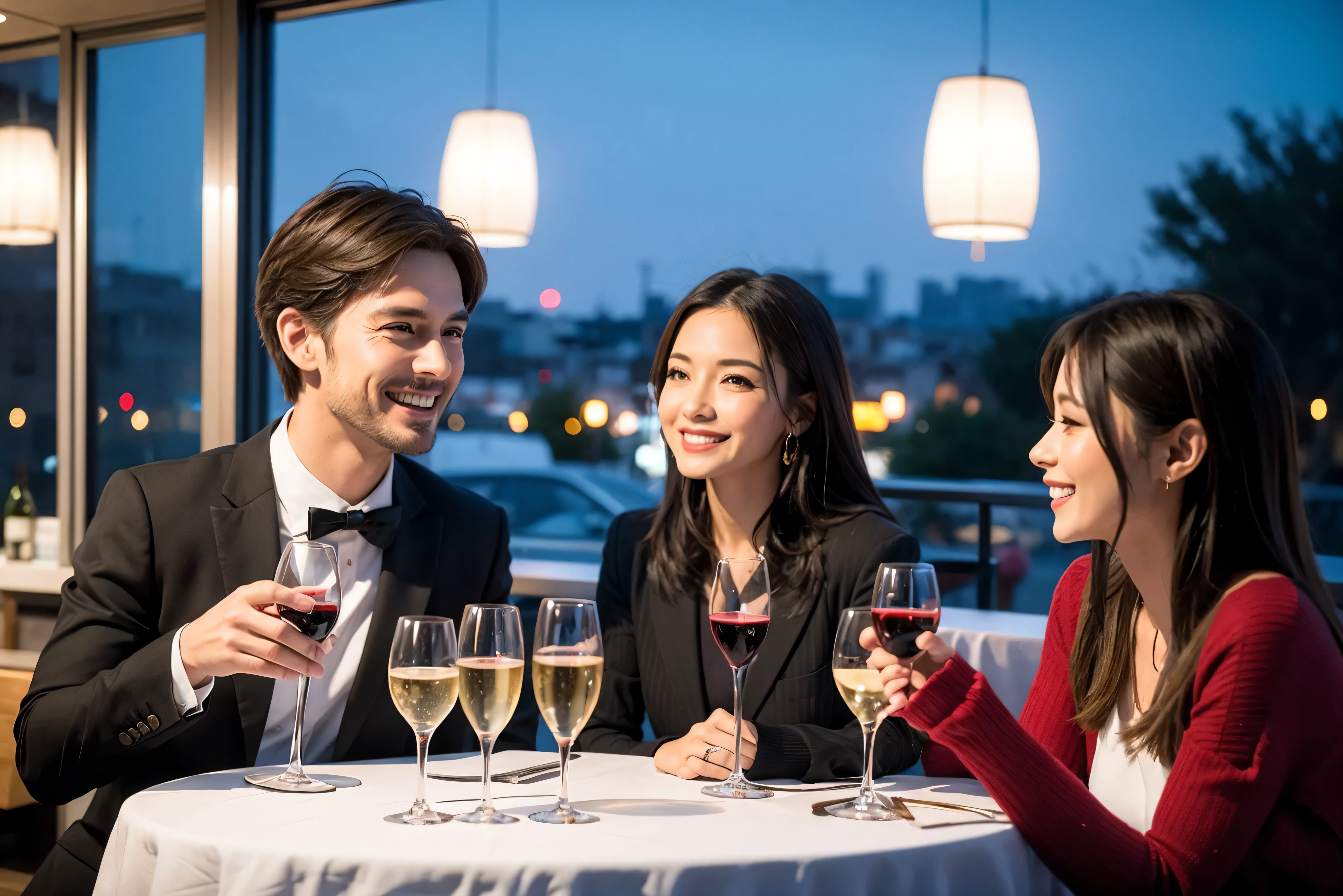 64k, UHD, highest quality, masterpiece: 1.2), (realistic, photorealistic: 1.37), Super detailed, celebration party、beauty、Charm、beautiful mature woman、3 women who love wine、three men、champagne、Sparkling wine、winter night、restaurantでワイン宴会、(slimな男女4名),(Wine party for 5 people)、(slimフェイス),Happy、 最高なsmile、Fox Face、Berry Short、(because I&#39;thin), (brown hair), (shortcut), long sleeve shirt、winter fashion、Colombia、Brazilian、Japanese、Dutch、German、Portuguese、Belgian、Italian、french, (gushing), (slimボティ), (brown hair), (shortcut), 端正なbeauty、cheeks blush a little, (41 years old), 38 years old, 35 years old、32 years old、 A beautiful and detailed night view spreads out outside the window........, restaurant, wine glassが座っている, At night, in a prominent place (from the Upper body) nova frog style, actress, model, Upper body, White wine, slim, wine glass, very beautiful night view, wine glass Put in the Middle, Happy smile, (smile: 1.15), 