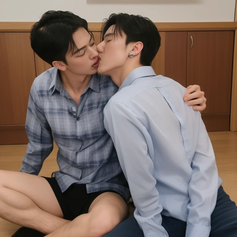 a room、Two people sitting on the floor of a room drinking alcohol、The table、Drunken Man、Sit next to you、Lean on the man next to you、Pampering、Yaoi、Two men、A dark-haired、male-centered、The shirt、Blue plaid shirt、shorth hair、White and light grey plaid shirt、mole under mouth、Staring at others、in a house、耳Nipple Ring、 piercing、Opening Mouth、See our partnerar from the camera、the kiss、red blush