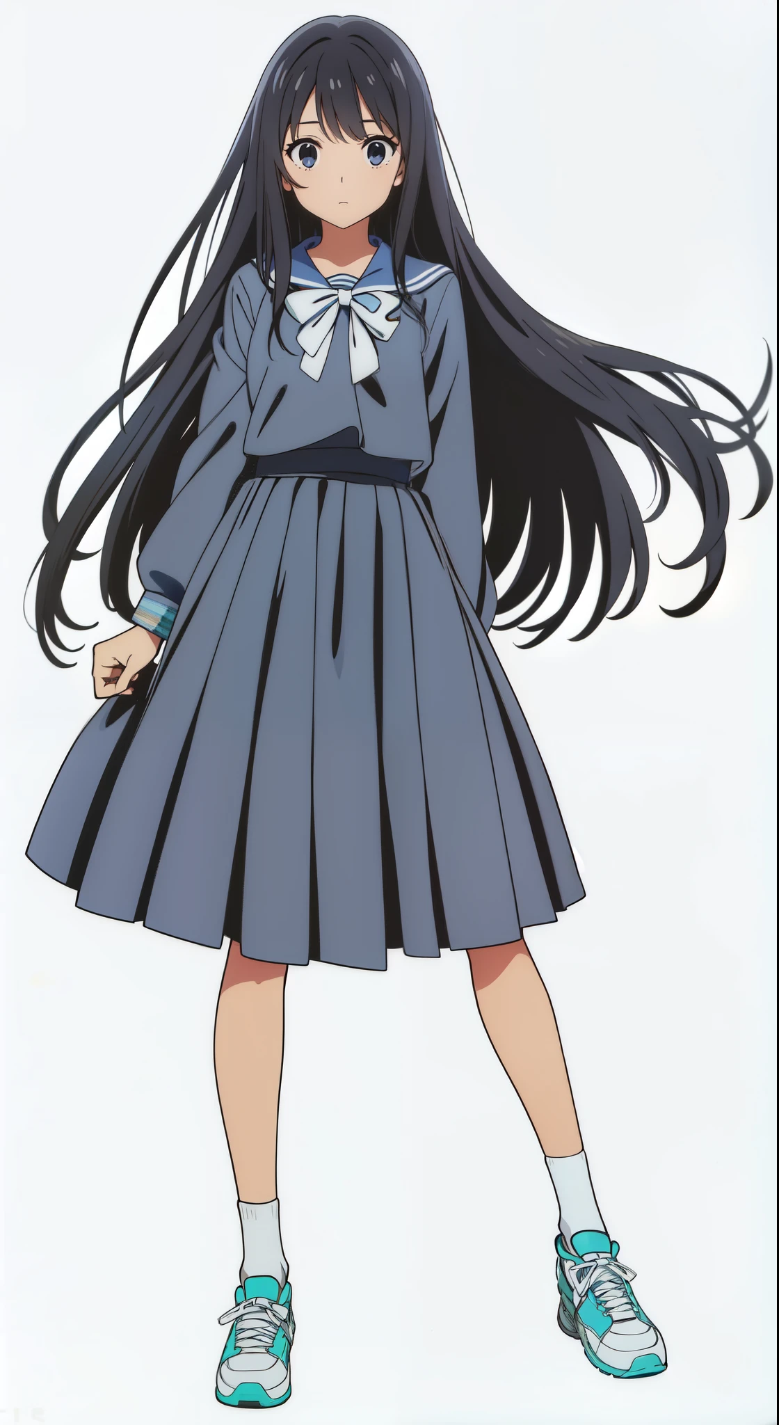 (tareme:1.0), (looking at viewer:1.0), (white background:1.0), (best quality:1.0), (masterpiece:1.0), (super fine illustration:1.0), (beautiful artwork:1.0), (anime:1.0), (official art:1.0), (full body:1.0), (solo:1.0), (a 15yo cute girl:1.0), (long skirt:1.0), (dark blue skirt:1.0), (pleated skirt:1.0), (dark blue sailor uniform:1.0), (long sleeve sailor uniform:1.0), (sneakers:1.0), (white socks:1.0), (ideal ratio body proportions:1.0), (lanky:1.0), (tall:1.0), (slender:1.0), (small breasts:1.0), (smaller face:1.0), (tareme:1.0), (detailed beautiful eyes:1.0), (detailed beautiful face:1.0), (glowing black eyes:1.0), (medium hair:1.0), (black hair:1.0), (standing:1.0), (looking at viewer:1.0)