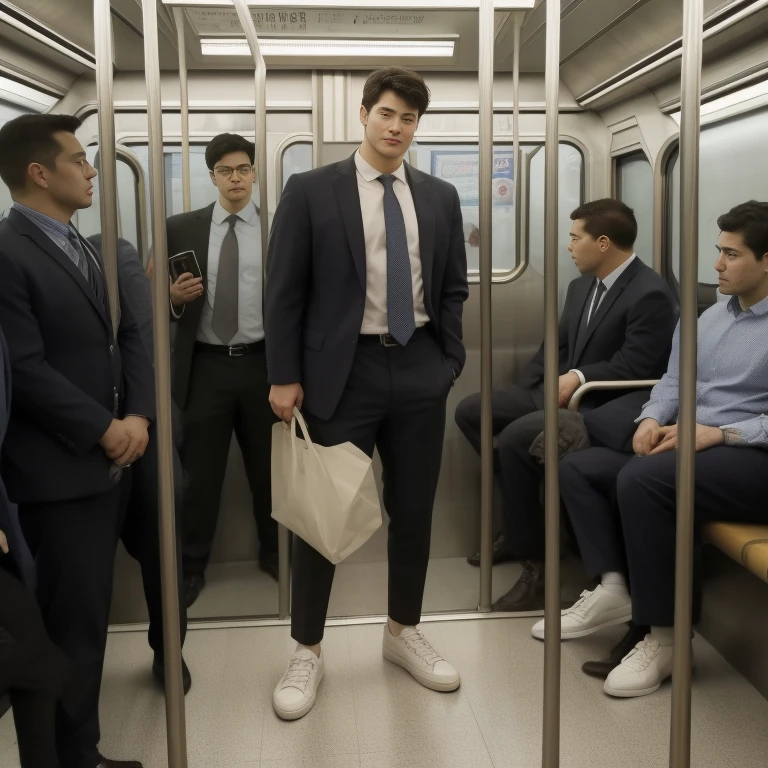 20-year-old man in the subway,Standing in a subway car,Ultra-flat head,Wearing a suit,huge bulge, leg apart,musculous,Handsome,Look at your phone, white short socks,White sneakers,pervert smirk,exhilarated,full bodyesbian,Exposing thighs,Expose calves,Thick leg hair,In crowded subway cars, 16k resolution , ultra-high clarity , hyperrealism , ultra hd picture , uhd