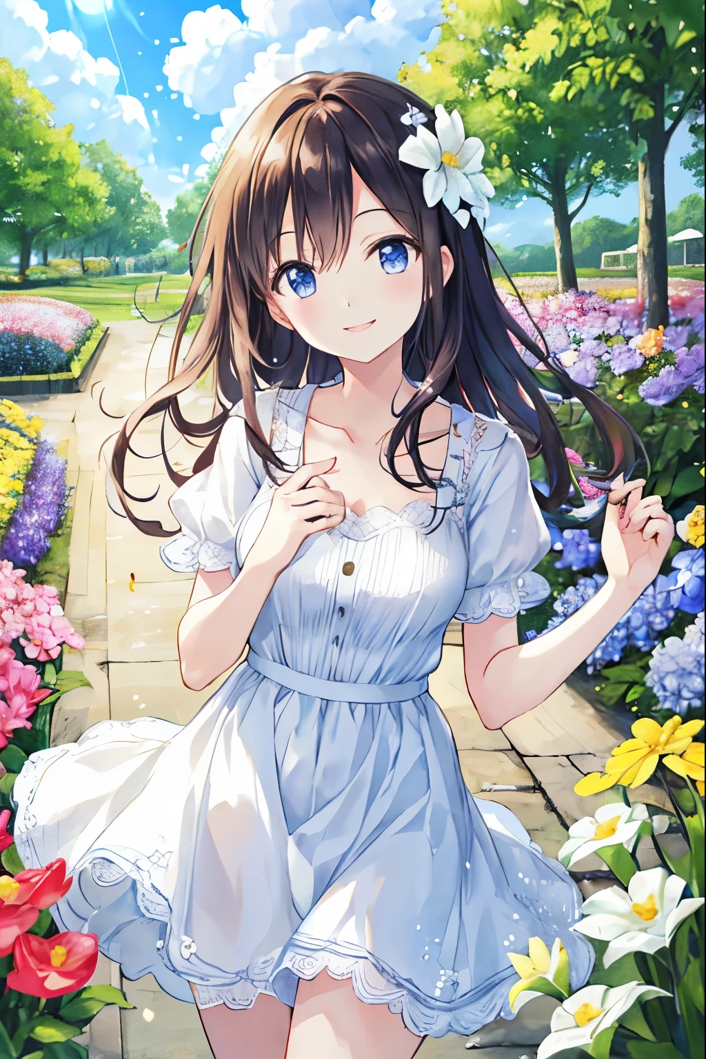 (highest quality), (masterpiece), (Super detailed), (High resolution), Production Art, One girl, flower, dress, blue eyes, alone, bug, Long Hair, butterfly, yellow flower, white dress, off-shoulder dress, hair ornaments, blush, hair flower, Braiding, Exposing shoulders, View your viewers, handrail, smile, bangs, Off the shoulder, plant, Mouth closed, purple flower, clavicle, brown hair, bird, animal, Hair between the eyes, very Long Hair, blue flower, frilled dress, Wavy Hair, red flower, Outdoor, Frills