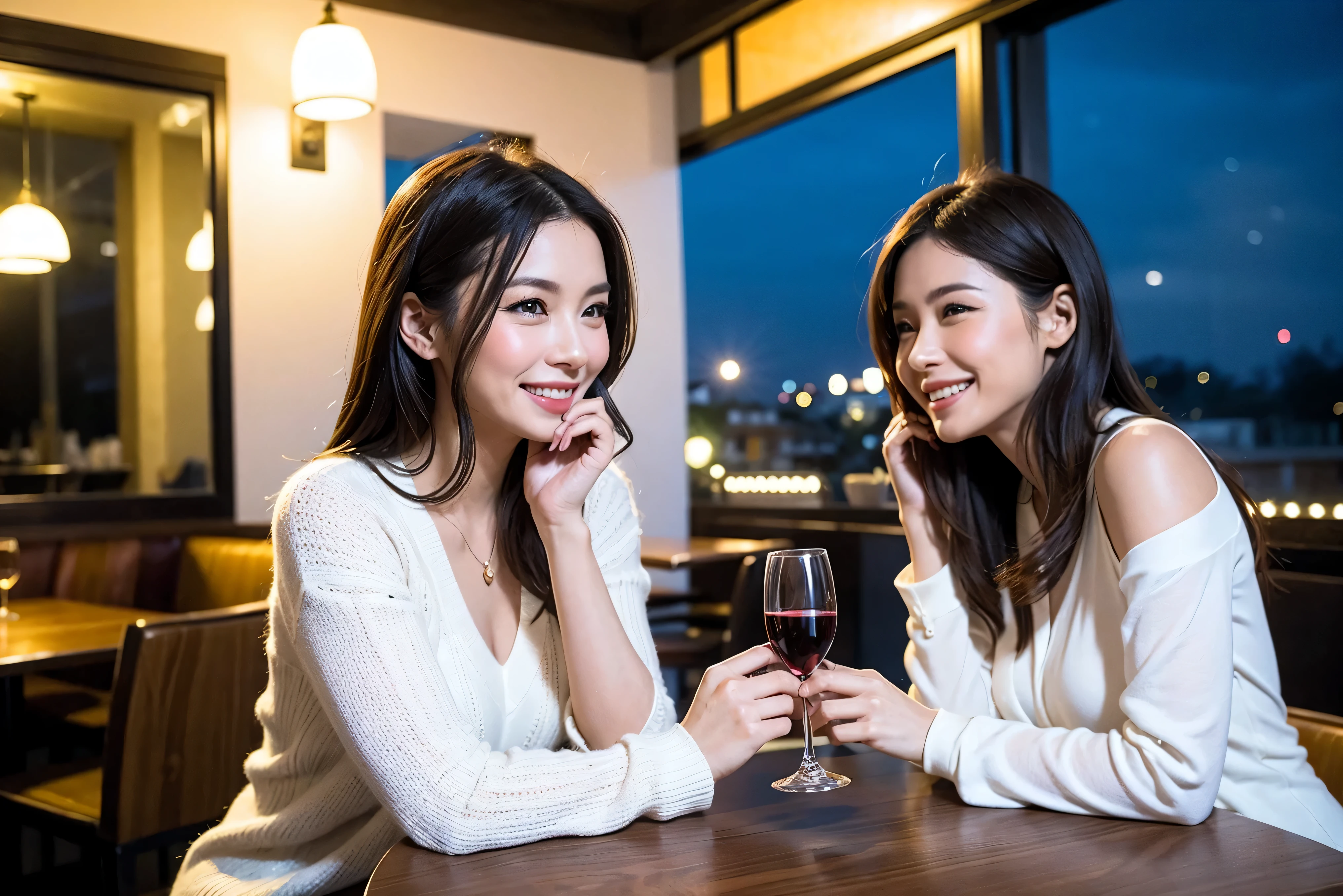 64k, UHD, highest quality, masterpiece: 1.2), (realistic, photorealistic: 1.37), Super detailed, (slimな男女4名),(Wine party for 5 people)、celebration party、beauty、Charm、beautiful mature woman、3 women who love wine、three men、champagne、Sparkling wine、winter night、restaurantでワイン宴会、(slimフェイス),Happy、 最高なsmile、Fox Face、Berry Short、(because I&#39;thin), (brown hair), (shortcut), long sleeve shirt、winter fashion、Colombia、Brazilian、Japanese、Dutch、German、Portuguese、Belgian、Italian、french, (gushing), (slimボティ), (brown hair), (shortcut), 端正なbeauty、cheeks blush a little, (41 years old), 38 years old, 35 years old、32 years old、 A beautiful and detailed night view spreads out outside the window........, restaurant, wine glassが座っている, At night, in a prominent place (from the Upper body) nova frog style, actress, model, Upper body, White wine, slim, wine glass, very beautiful night view, wine glass Put in the Middle, Happy smile, (smile: 1.15), 