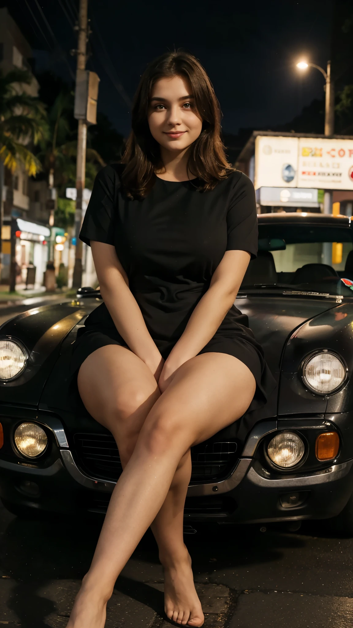 23 years old lady, big thighs, nice dress, medium size , perfect body, perfect face, looking towards camera, mild smile, black, night, street, under street light, sitting on car bonot, whole body including feet should visible from distance