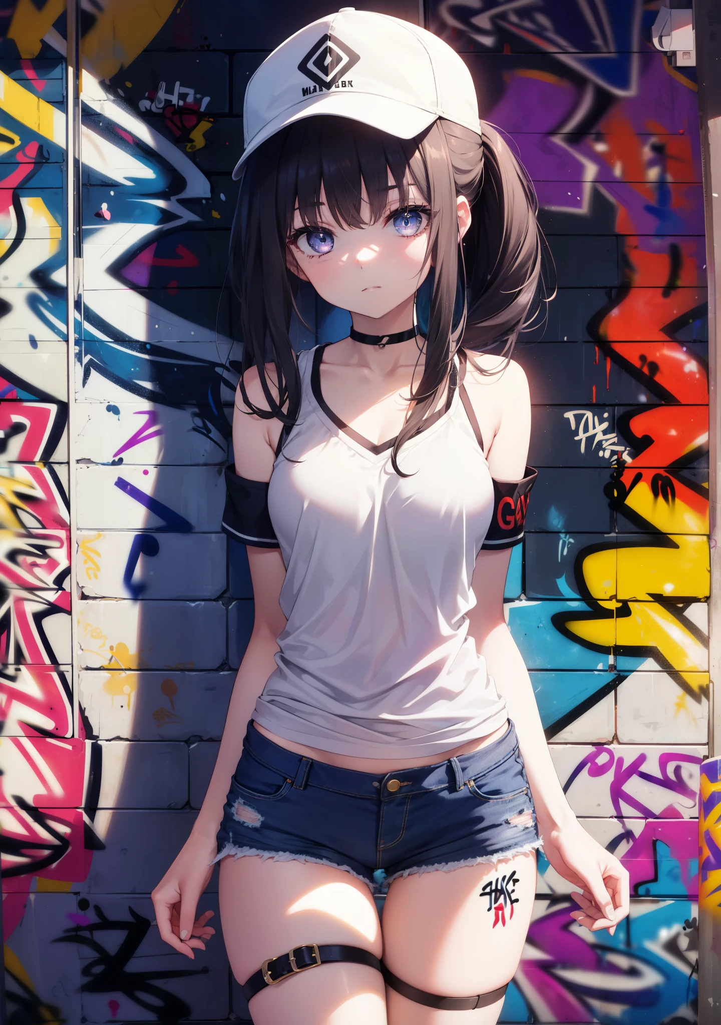Takiinoue, Takina Inoue, long hair, ponytail,hat,bangs, , black hair, (purple eyes:1.2),denim shorts, choker, (graffiti:1.5), paint splatters, turn your arms behind your back, towards the wall, looking at the viewer, armband, thigh strap, head tilt, was bored, ショートブーツ
break indoors,路地裏
break looking at viewer, (cowboy shot:1.5),
break (masterpiece:1.2), highest quality, High resolution, unity 8k wallpaper, (figure:0.8), (beautiful and fine eyes:1.6), highly detailed face, perfect lighting, Very detailed CG, (perfect hands, perfect anatomy),