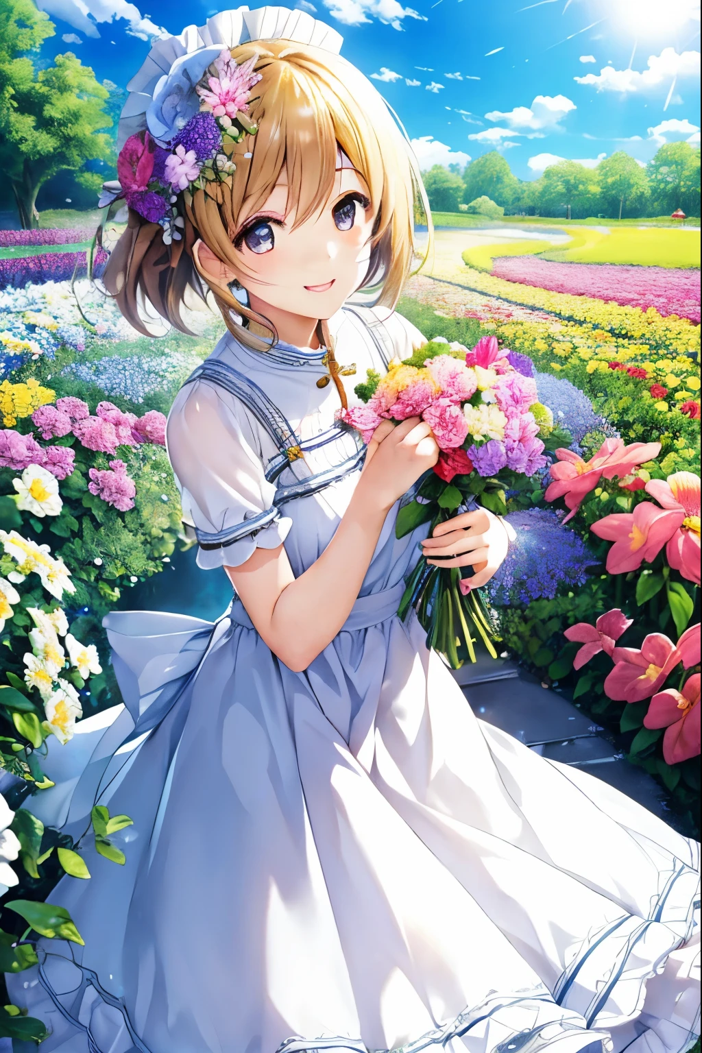 heaven, light, shine, happiness, bright smile, Sparkling, flowers, flower garden, Hello, cloud 、girl