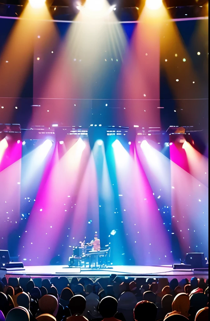 pop art, brass instruments, light ray, light effects, concert hall, Notes float magically, abstract, pink light, blue light