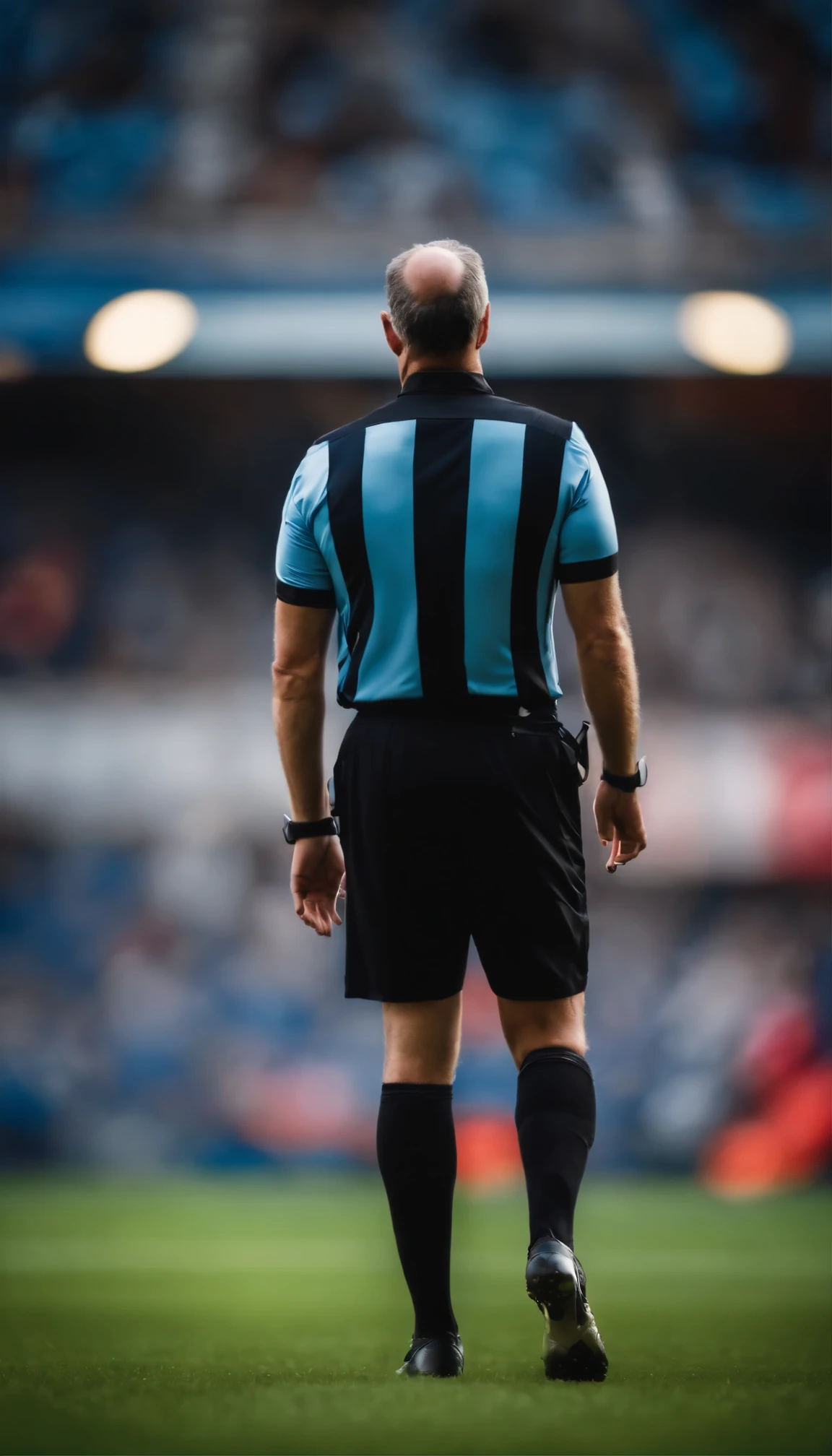 create a fictional photo depicting a referee showing two blue cards during a football match.