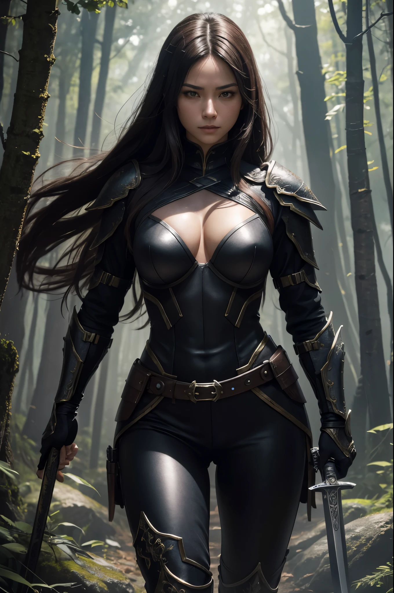 8K,Arafe woman wearing jet black armor holding a sword in the forest,Demon slayer wearing jet black armor, messy brown hair,Super beautiful(like the real thing),8Kfantasy art, 壮大な絶妙なcharacter art, 素晴らしいcharacter art, ,Super high resolution,super realistic skin,fantasy art,masterpiece,Photorealistic RAW photos of the highest quality。bright colors,rich colors, Backlight, cinematic lighting, film grain, to be born, 50mm lens, Nikon D850,fantasy art,character art,ultra high resolution,realistic scale skin,Macho with muscular slender body,Violent and strongly cracked abdominal muscles,battle scene,action pose,fighting pose,