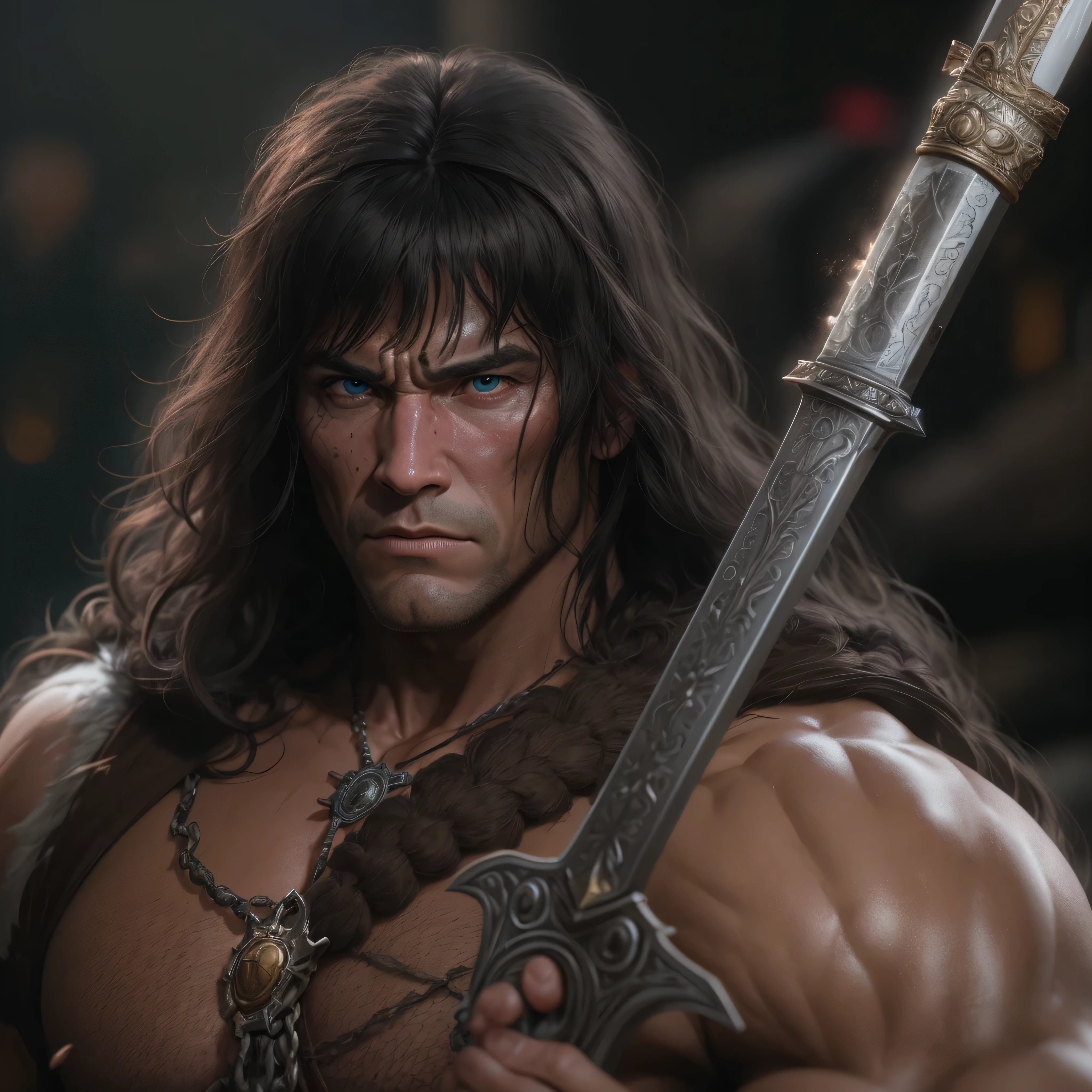 a photo of as Conan the Barbarian from Marvel comics, barbarian sword, clean shaven, Intricate, High Detail, Sharp focus, dramatic, photorealistic digital art, photo-realistic, octane render, unreal engine, ultra-realistic