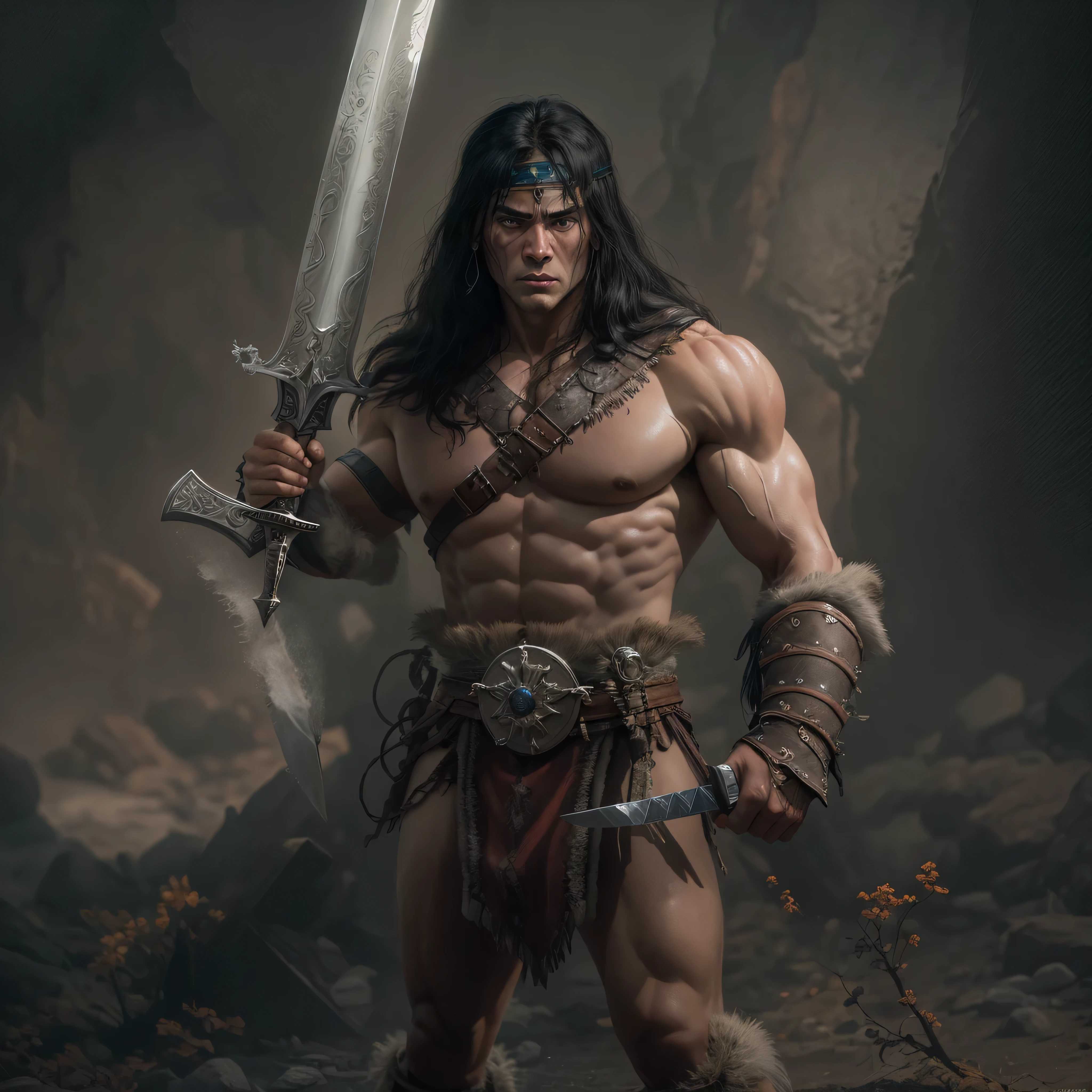 a photo of as Conan the Barbarian from Marvel comics, barbarian sword, clean shaven, Intricate, High Detail, Sharp focus, dramatic, photorealistic digital art, photo-realistic, octane render, unreal engine, ultra-realistic