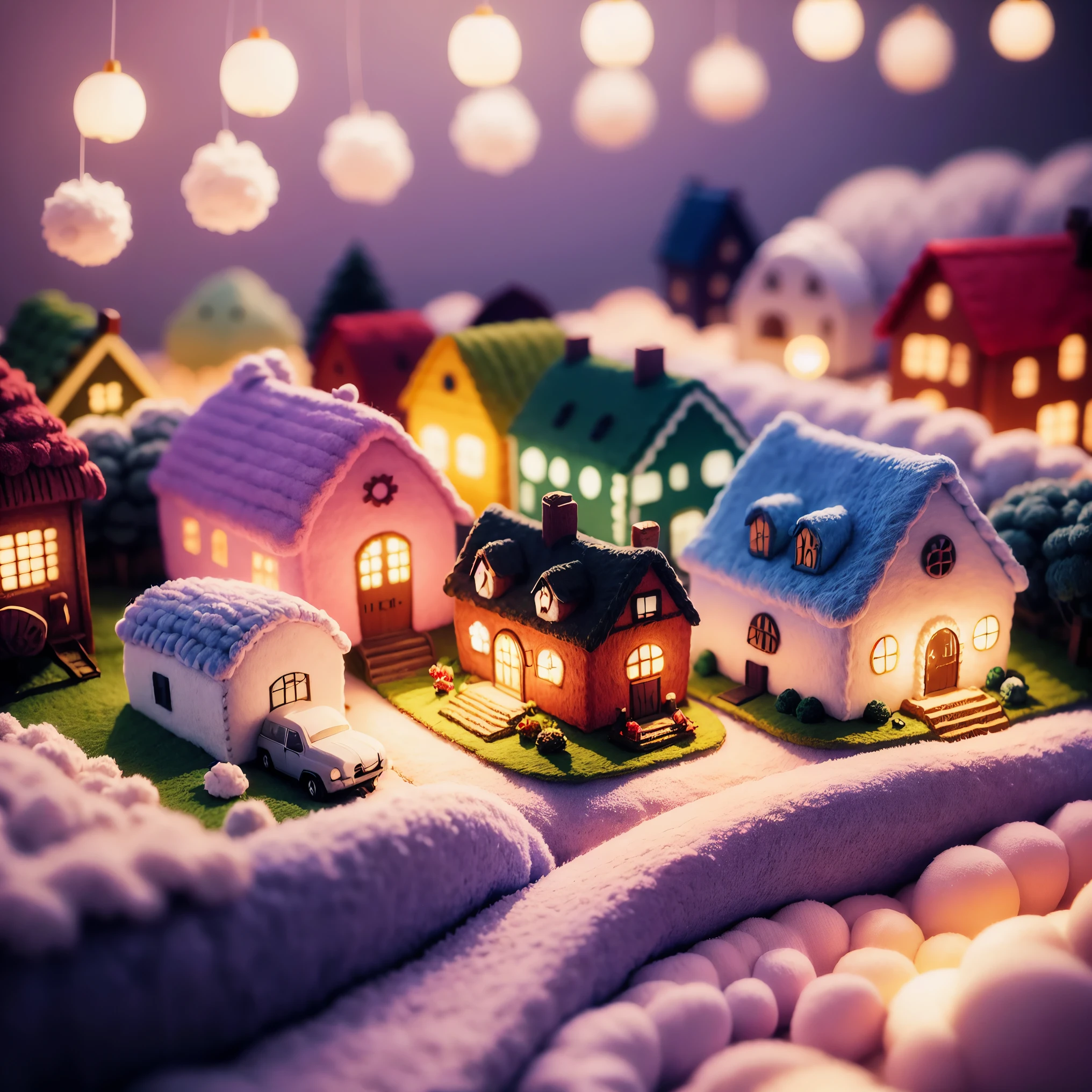 cute world of wool felt, wool knitted fabric, cartoon, some small houses, barracks, warehouses, flower houses, super cute, superb lighting, volumetrics, Ghibli Studio style, Tilt -shift, 80mm lens, Large aperture, 3d, blender, masterpiece, super detail, best quality
