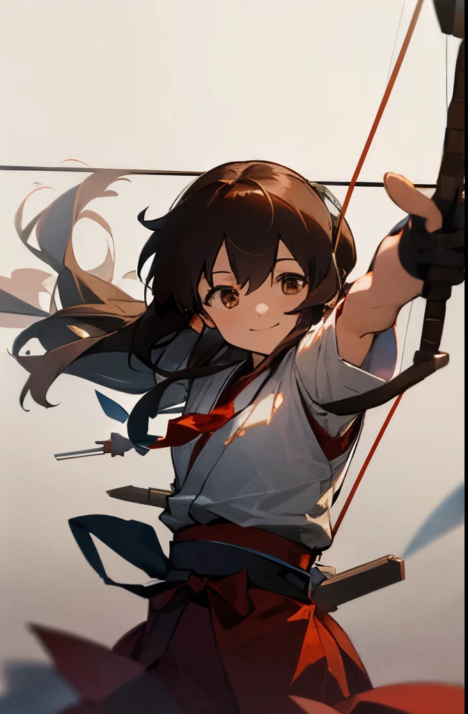 highest quality, masterpiece, High resolution, alone, {akagi_Kantai Collection:1.15}, length_hair, Brown_hair, Brown_eye, muneate, tasuki, smile, 1 girl, aim, archery, arrow_\(projectile\), bow_\(arms\), drawing_bow, gloves, holding, holding_arrow, holding_bow_\(arms\), holding_arms, Japanese_Clothes, Kyudo, partially_fingerless_gloves, arms, Distortion, single_glove, outstretched_arm