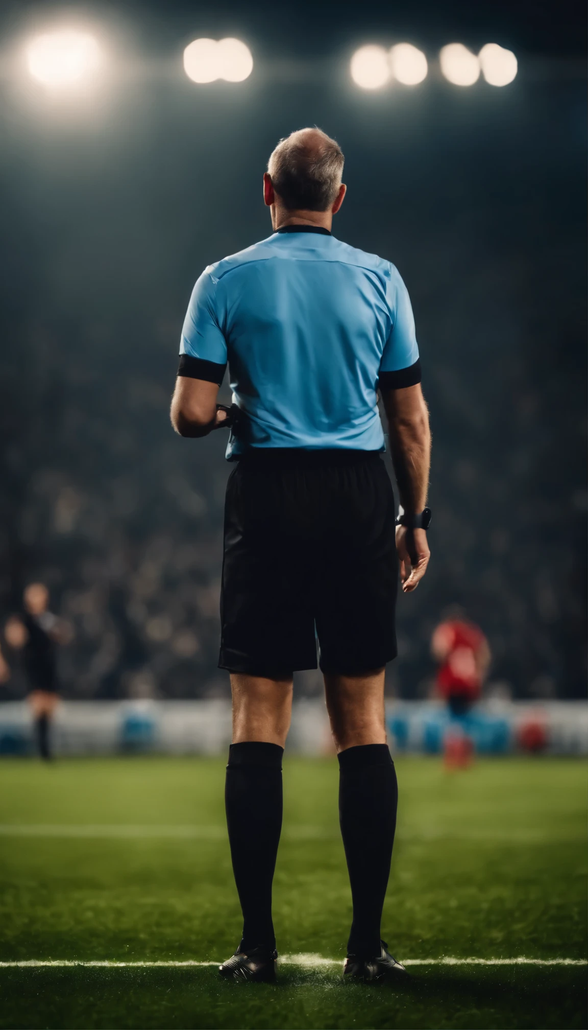 create a realistic photo depicting a referee showing two blue cards during a football match. Two blue cards shown in center