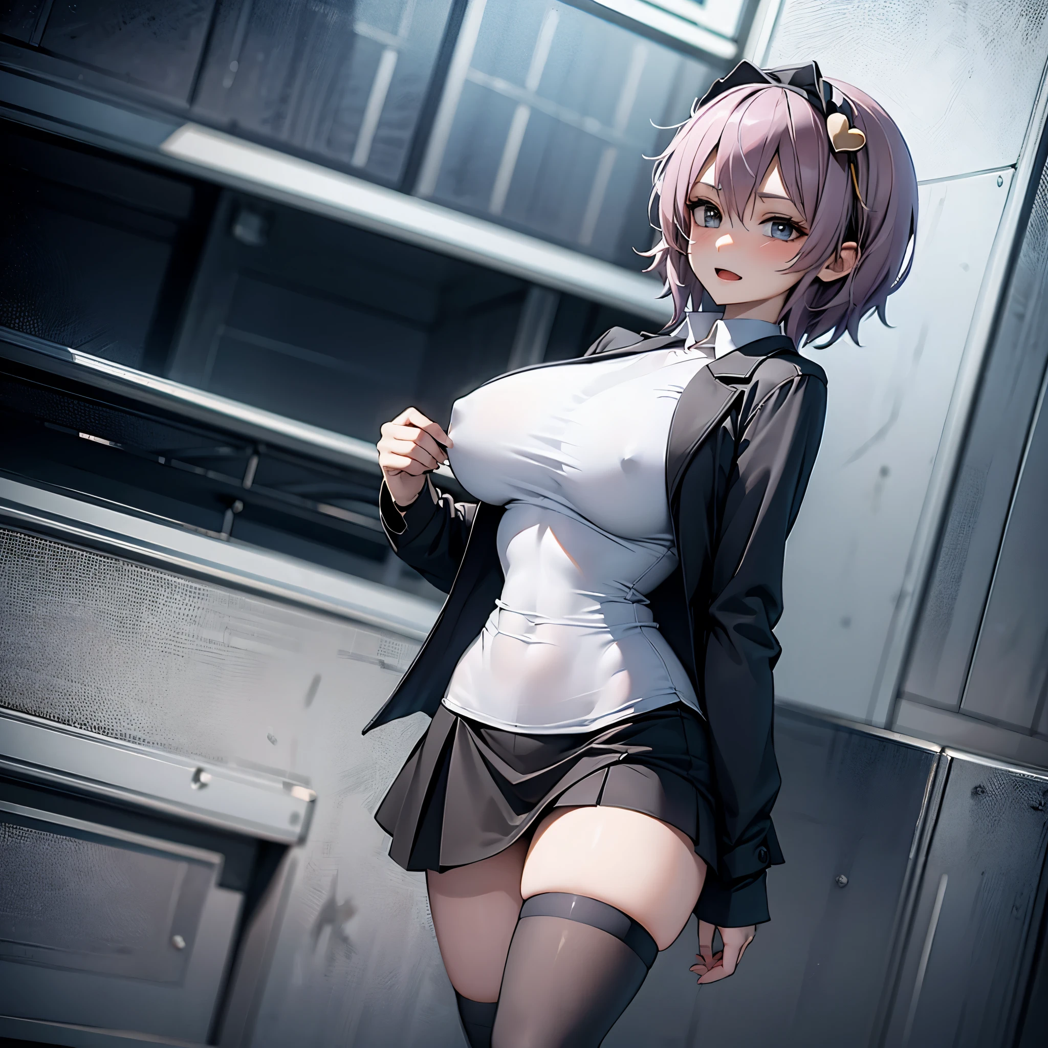 (Satori toho character:1.1), (solo), (standing), (stained glass), BREAK, short hair, (huge perky breasts), bursting breasts, (inconceivably thin waist:1.2), (very long legs), BREAK, (black blazer:1.3), (black thighhighs:1.35), (very short black high-waist skirt:1.3) cinches waist too tight, (highheels), BREAK, nose blush, sad smile, open mouth, BREAK, masterpiece, ultra-detailed, full body