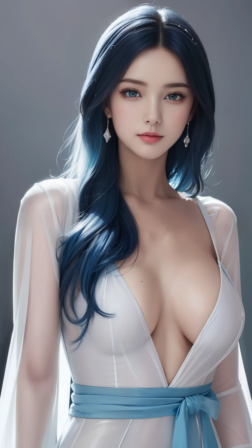 (hyper-realistic), (illustration), (high resolution), (8k), (Very detailed), (最佳illustration), (Beautiful and delicate eyes), (best quality), (Super detailed), (masterpiece), (wallpaper), (lifelike), (Natural light), (edge lit), (Detailed face), (高度细致lifelike皮肤纹理), (anatomically correct), (alone), (1 girl), (高细节lifelike头发), (blue hair:1.2), spiky hair, (heterochromatic eyes), (Detailed green eyes), (There is a small mole under the eye), (realistic:1.5), (Naked of breast:1.3), (long legs), (slim abs), (dynamic poses), (Keep your mouth shut:1.3), (Traditional Hanfu), (transparent clothes:1.5), national foundation,Show breasts,Show breasts,exposing her chest,huge ,huge breasts,exposing her chest,huge breasts,