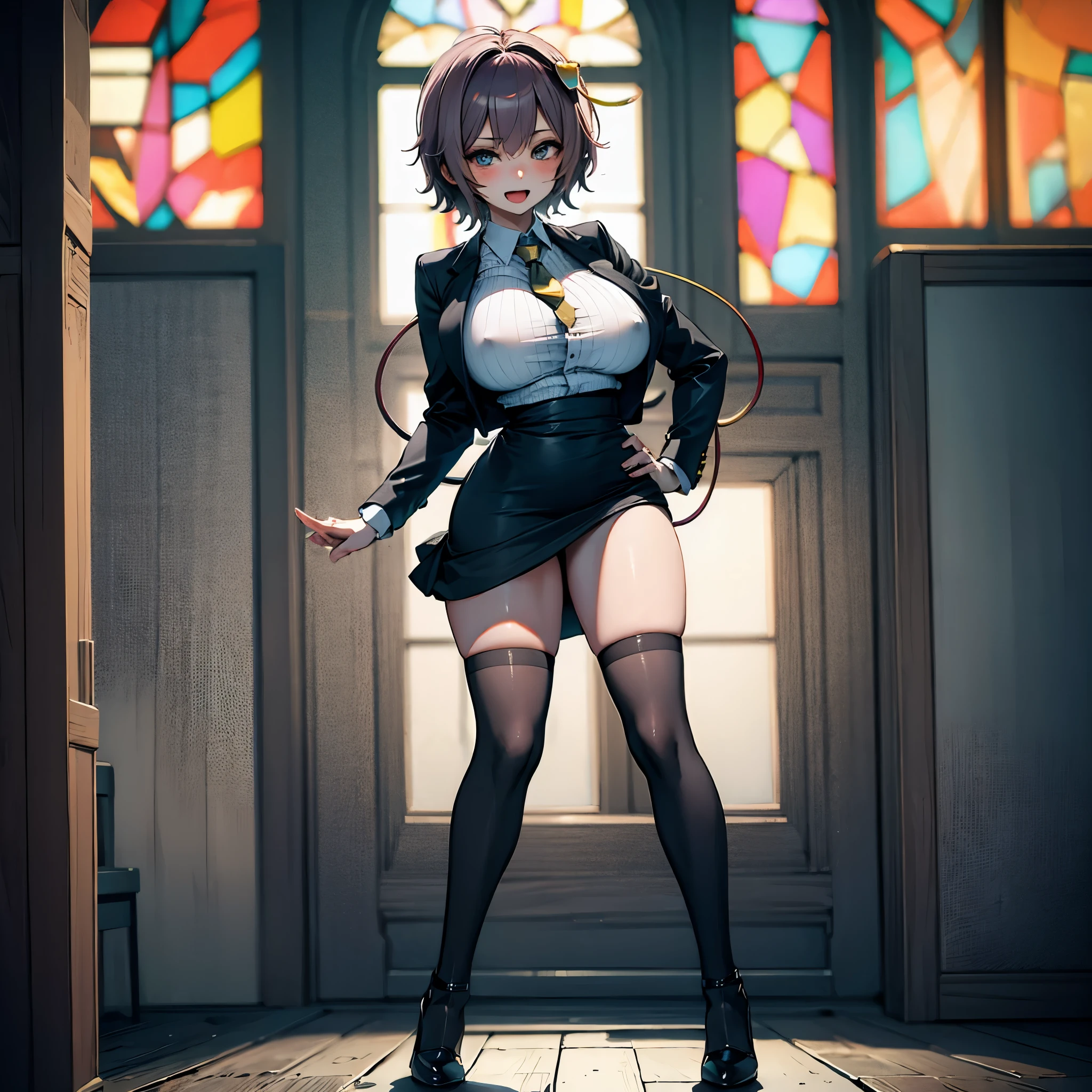 (Satori toho character:1.1), (solo), (standing), (stained glass), BREAK, short hair, (huge perky breasts), bursting breasts, (inconceivably thin waist:1.2), (very long legs), BREAK, (black blazer:1.3), (black thighhighs:1.35), (very short black high-waist skirt:1.3) cinches waist too tight, (highheels), BREAK, nose blush, sad smile, open mouth, BREAK, masterpiece, ultra-detailed, full body