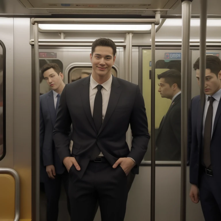  man in the subway，Standing in a subway car，Ultra-flat head，Wearing a suit，huge bulge,  leg apart，musculous，Handsome， pervert smirk，exhilarated，full bodyesbian，Exposing thighs，Expose calves， In crowded subway cars， 16k resolution , ultra-high clarity , hyperrealism , ultra hd picture , uhd