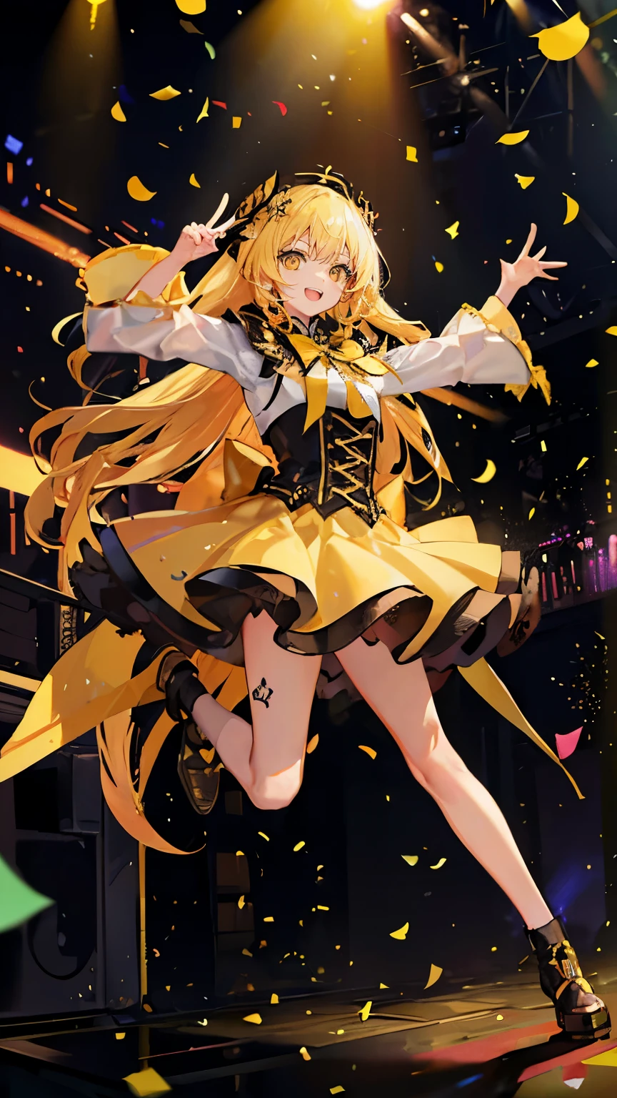 (masterpiece), Highest quality, Ultra-high resolution,Devil with a black ribbon、Yellow Hair、Yellow Eyes、Yellow clothes、(slot:1.3)、(777:1.3)、coin、Laughing with an open mouth and a joyful expression、casino