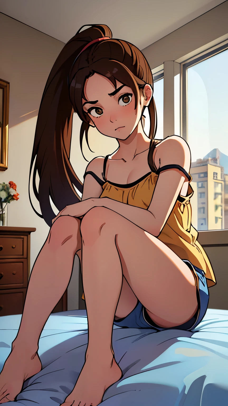 ((best quality)), ((masterpiece)), (detailed), perfect face, (((18 year old girl))), (((spaghetti strap pyjama top))), ((pyjama shorts)), (((suburban bedroom))), ((view from below)), ((bare legs)), ((legs together)), (((peak up shorts))), ((sitting)), ((brown hair)), ((ponytail)), ((shy)), (((knees bent)))