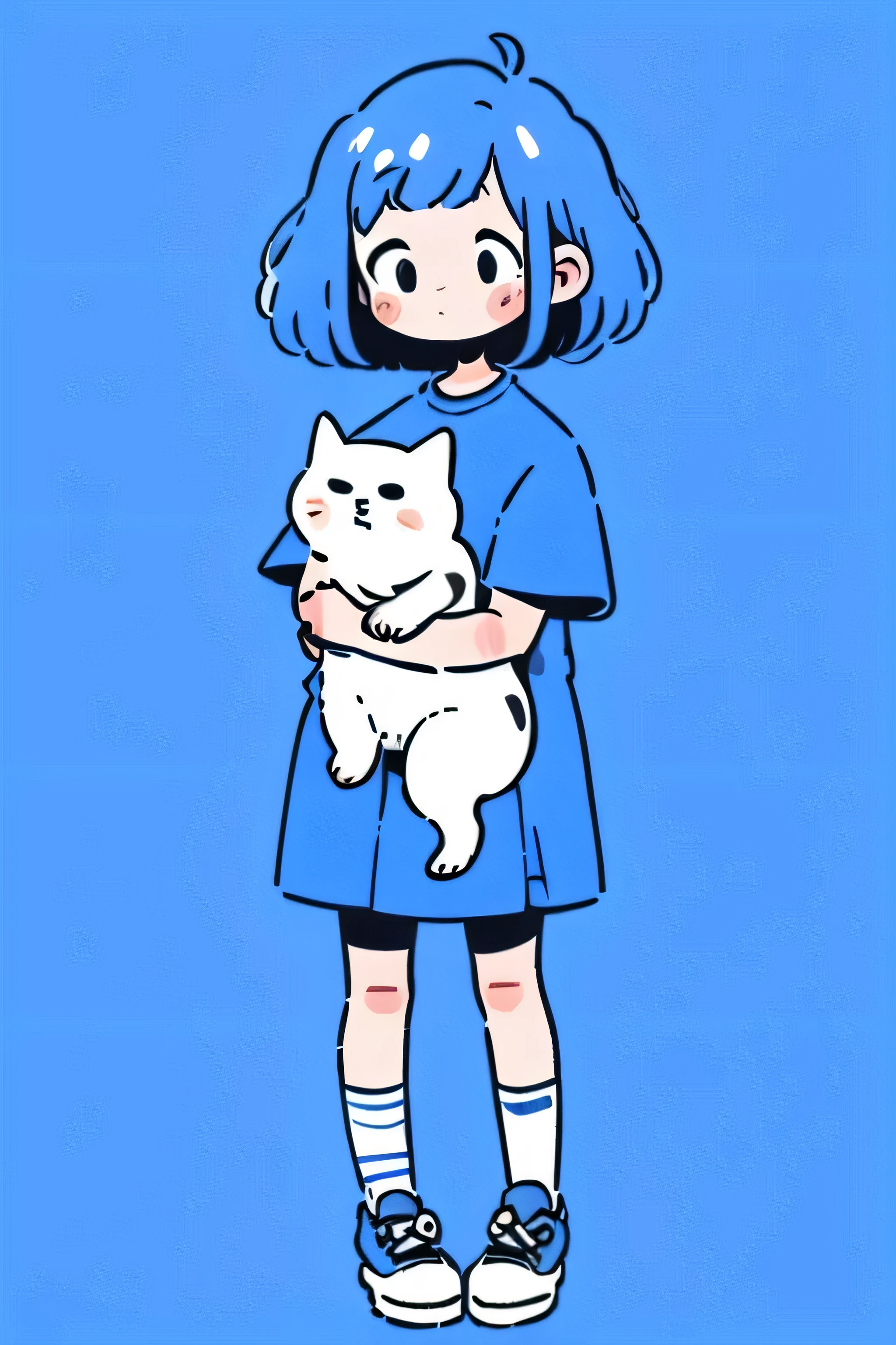 1 girl, holding animal, alone, Blue background, holding, shirt, bangs, holding Cat, short sleeve, 黒いshoes, shoes下, animal, skirt, shoes, blue hair, short hair, simple background, Cat, whole body, blush, white shirt, without nose, Are standing, blue theme, blue skirt, white shoes下, dog, blush stickers, limited pallete, medium hair