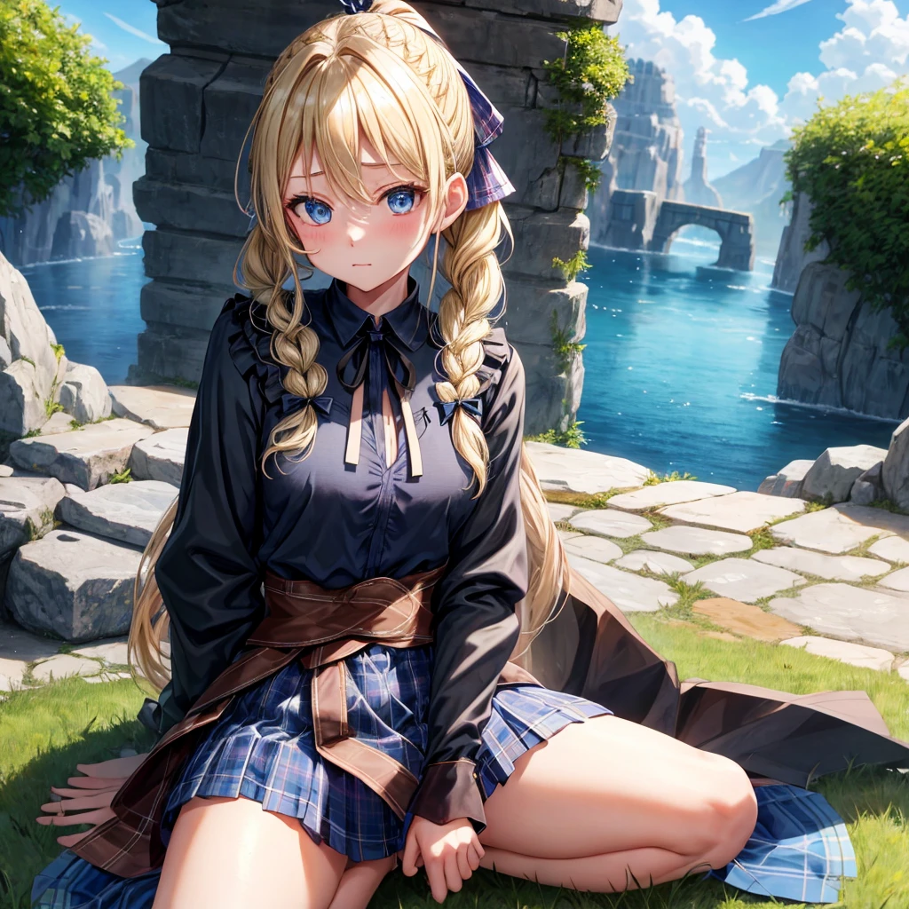 patina blonde、blue eyes、Braid、ponytail、one good looking girl、solo、anime、Plaid miniskirt、camisole、black t-shirt、Tilting your face、Doing the ribbon、Ribbon at waist、cloak、Crystal Grotto、wearing a hood、sitting、grass、clouds are swirling、slate