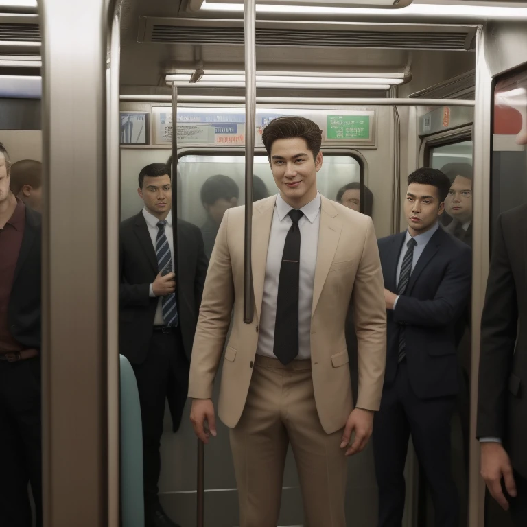 man in the subway,Standing in a subway car,Ultra-flat head,Wearing a suit,huge bulge, leg apart,musculous,Handsome, pervert smirk,exhilarated,full bodyesbian,Exposing thighs, In crowded subway cars, 16k resolution , ultra-high clarity , hyperrealism , ultra hd picture , uhd , details face , details , handsome man , high quality