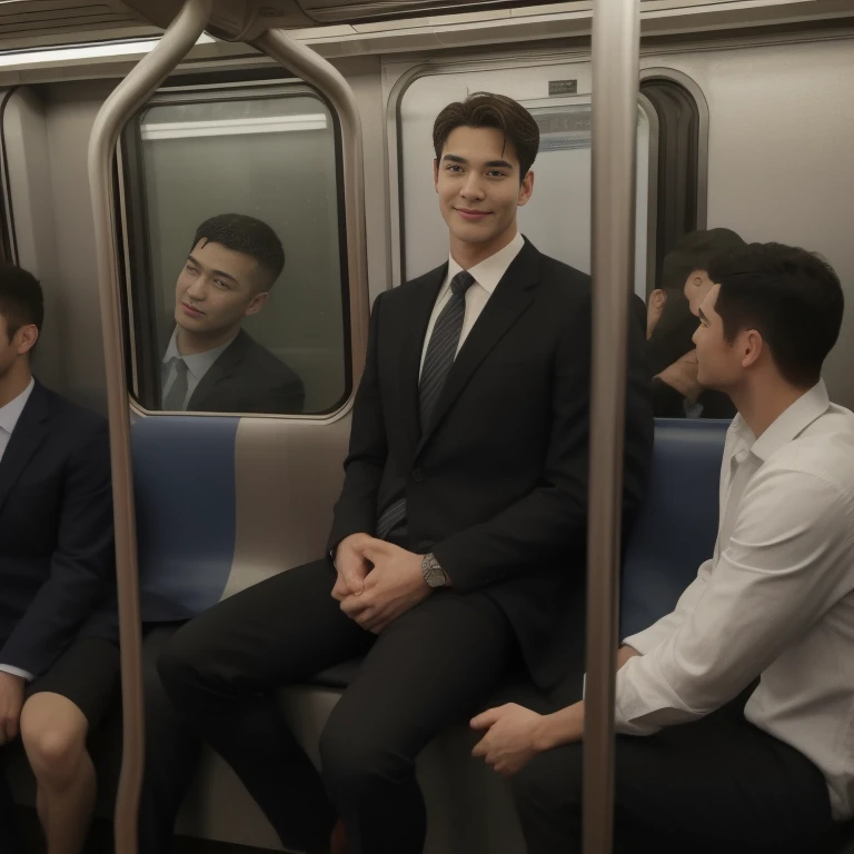 1人，A 20-year-old man in the subway，Standing in a subway car，Ultra-flat head，Wearing a suit，huge bulge,  leg apart，musculous，Handsome，Look at your phone，Wear AirPods，Wear an Apple Watch，Sport backpack，white short socks，White sneakers，pervert smirk，exhilarated，full bodyesbian，Exposing thighs，Expose calves，Thick leg hair，In crowded subway cars，gentlesoftlighting，tmasterpiece，best qualtiy，8K  UHD,16k resolution , ultra-high clarity , hyperrealism , ultra hd picture , uhd