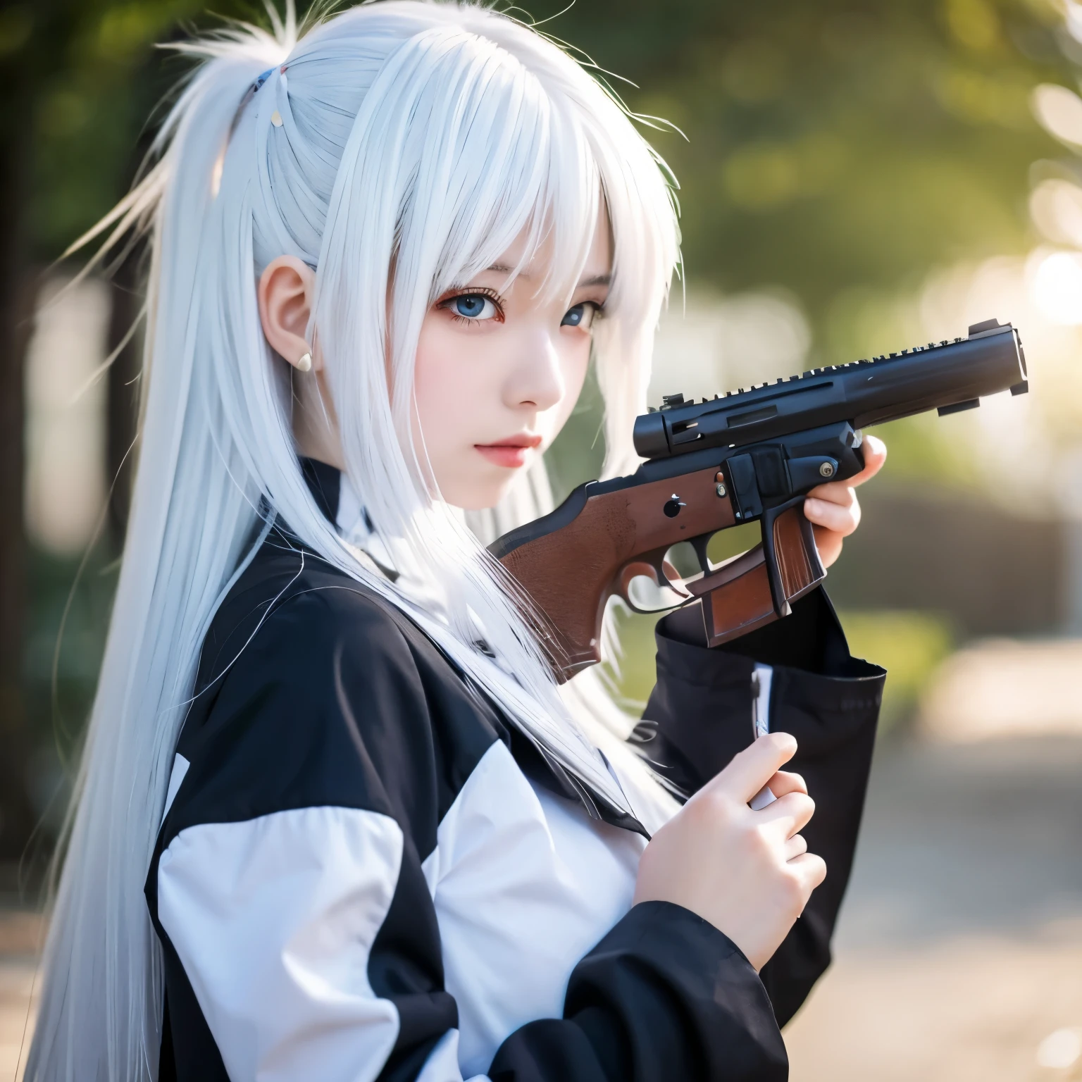 anime white hair beautiful girl gun