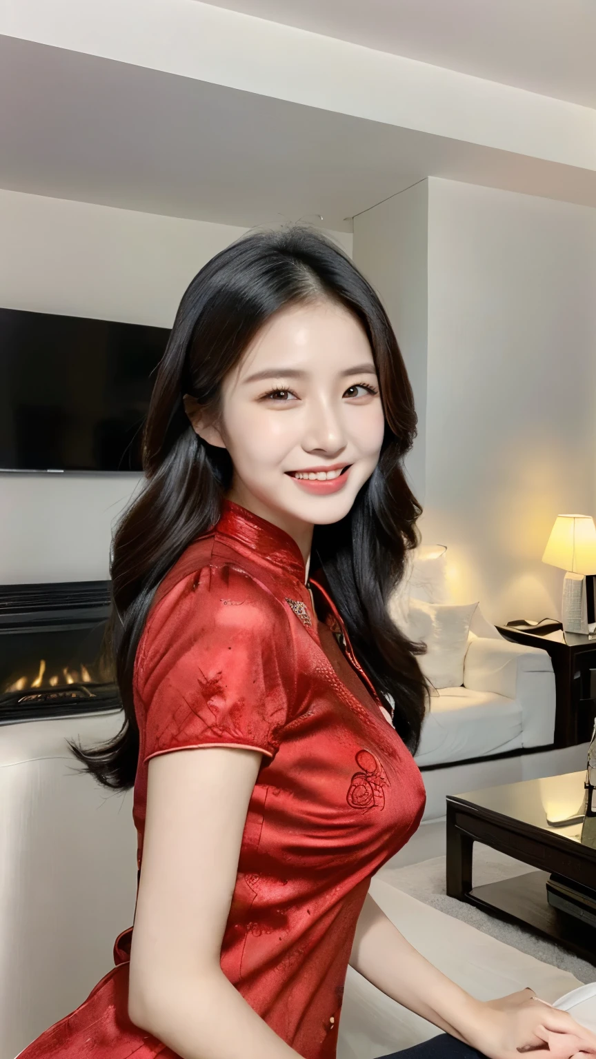 ((Highly detailed, top quality, photo-realistic, 4K)), ((Photo of a Chinese Girl)), 25 years old, (wearing red qipao: 1.3), smiling, in a modern asian living room