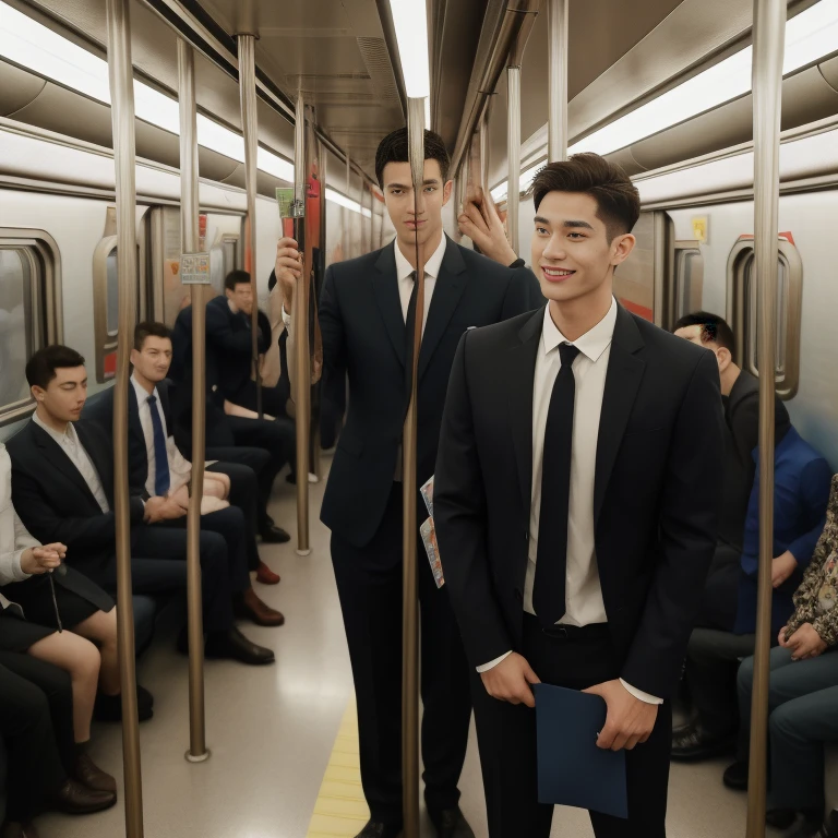 1人，A 20-year-old man in the subway，Standing in a subway car，Ultra-flat head，Wearing a suit，huge bulge,  leg apart，musculous，Handsome，Look at your phone，Wear AirPods，Wear an Apple Watch，Sport backpack，white short socks，White sneakers，pervert smirk，exhilarated，full bodyesbian，Exposing thighs，Expose calves，Thick leg hair，In crowded subway cars，gentlesoftlighting，tmasterpiece，best qualtiy，8K  UHD,16k resolution , ultra-high clarity , hyperrealism , ultra hd picture , uhd