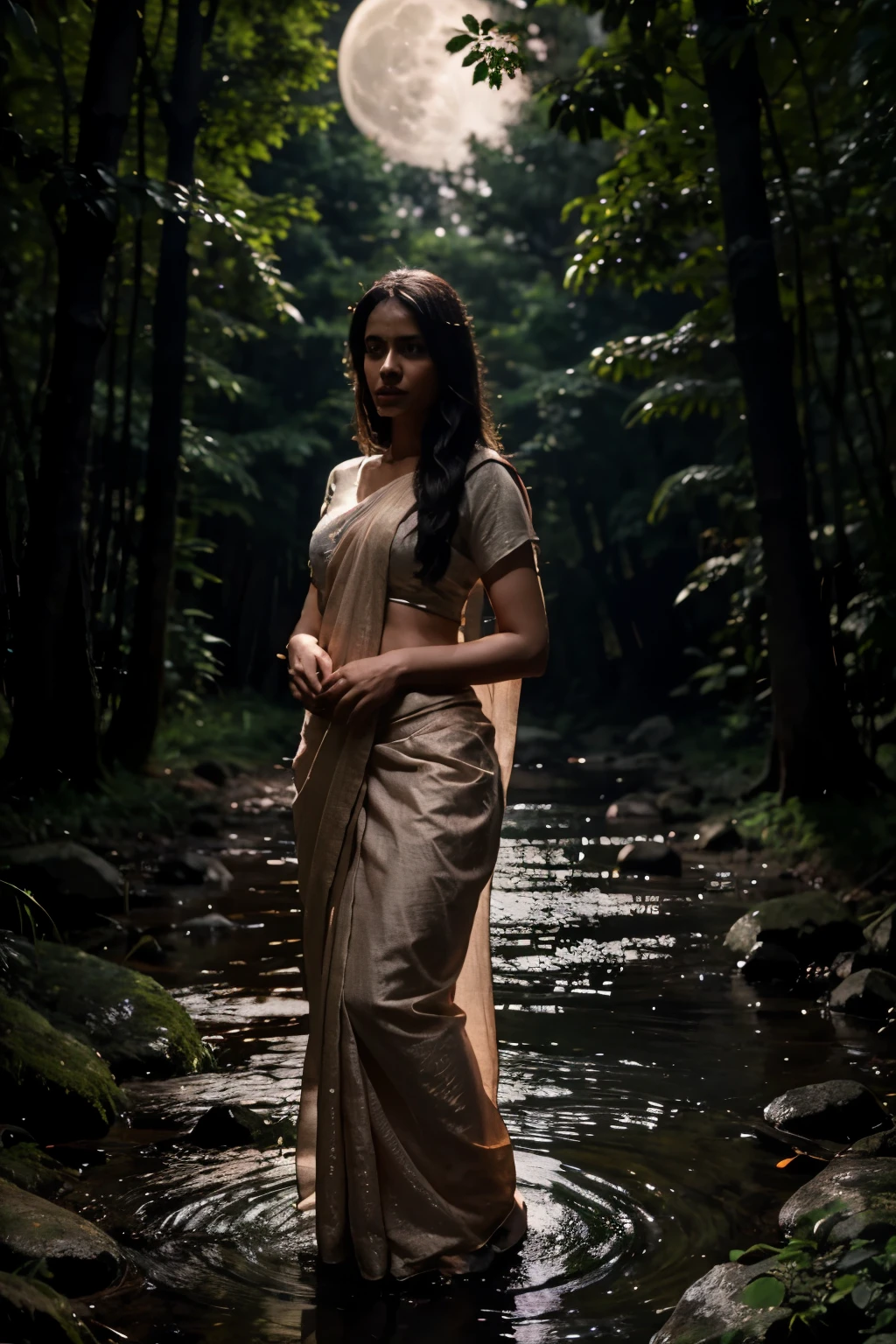 in a full moon night in forest small stream is flowing a women standing near a tree wearing saree horror ultra realistic