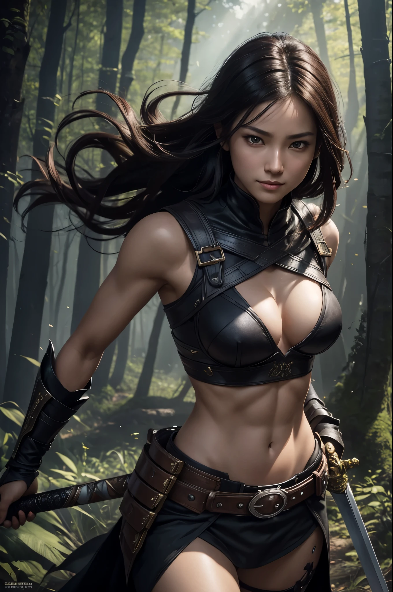 8K,Arafe woman wearing jet black armor holding a sword in the forest,Demon slayer wearing jet black armor, messy brown hair,Super beautiful(like the real thing),8Kfantasy art, 壮大な絶妙なcharacter art, 素晴らしいcharacter art, ,Super high resolution,super realistic skin,fantasy art,masterpiece,Photorealistic RAW photos of the highest quality。bright colors,rich colors, Backlight, cinematic lighting, film grain, to be born, 50mm lens, Nikon D850,fantasy art,character art,ultra high resolution,realistic scale skin,Macho with muscular slender body,Violent and strongly cracked abdominal muscles,battle scene,action pose,fighting pose,Close-up,smile,