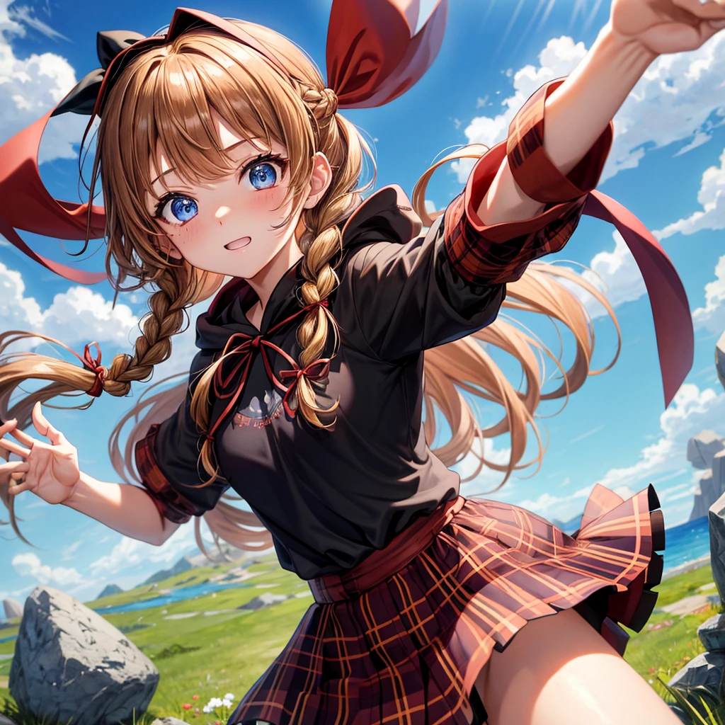 reddish-brown blonde、blue eyes、Braid、ponytail、one good looking girl、solo、anime、Plaid miniskirt、camisole、black t-shirt、Tilting your face、Doing the ribbon、Ribbon at waist、cloak、Crystal Grotto、wearing a hood、grass、clouds are swirling、slate、One hand is raised