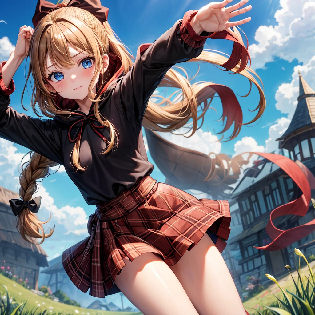 reddish-brown blonde、blue eyes、Braid、ponytail、one good looking girl、solo、anime、Plaid miniskirt、camisole、black t-shirt、Tilting your face、Doing the ribbon、Ribbon at waist、cloak、Crystal Grotto、wearing a hood、grass、clouds are swirling、slate、One hand is raised