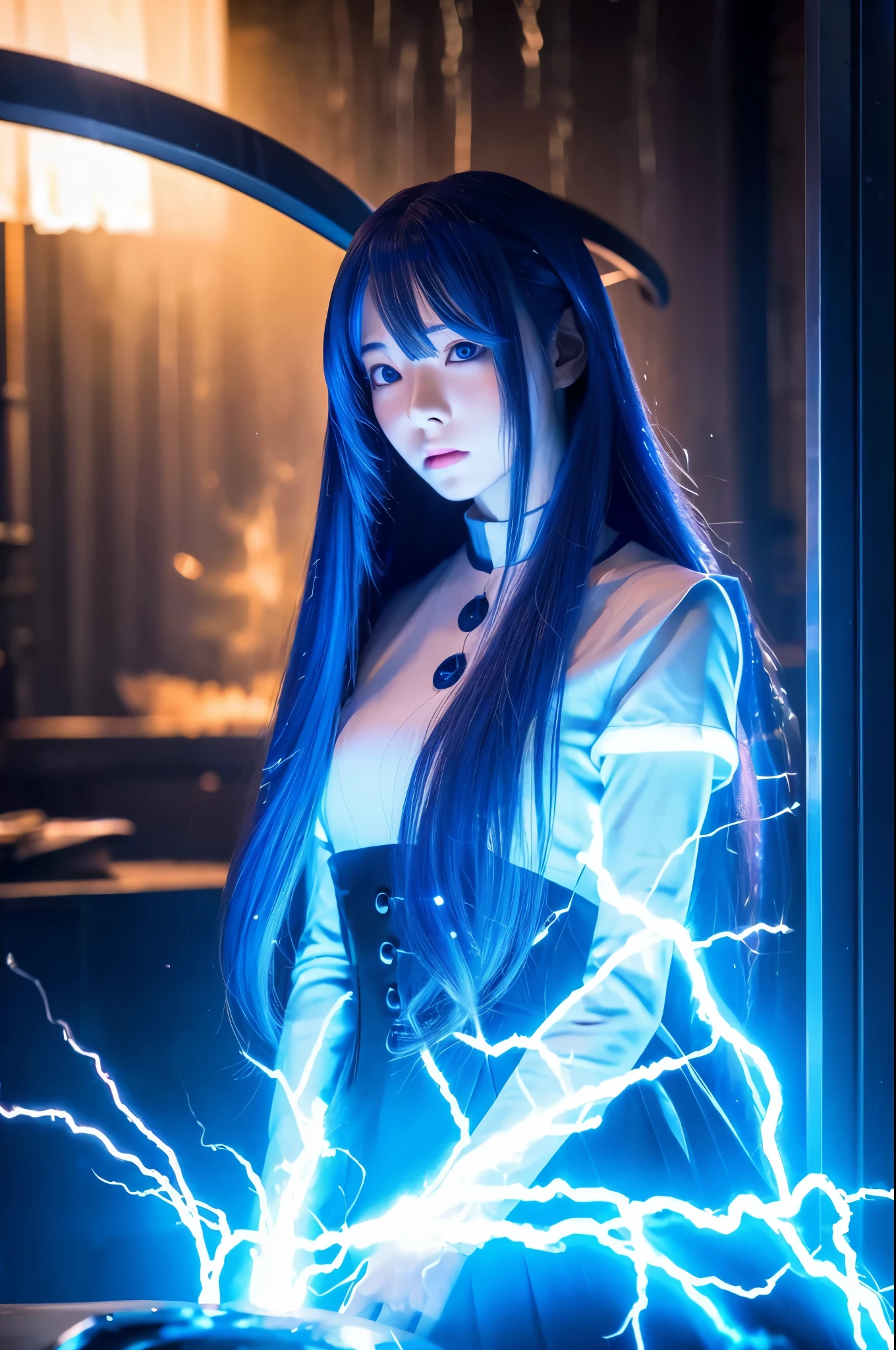 long blue hair　anime girl　Lightning in the background、inflammation、ice、water、tornado　Immaculate uniform　finger snap　skyscraper