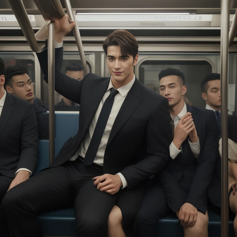 1人，A 20-year-old man in the subway，Standing in a subway car，Ultra-flat head，Wearing a suit，huge bulge,  leg apart，musculous，Handsome，Look at your phone，Wear AirPods，Wear an Apple Watch，Sport backpack，white short socks，White sneakers，pervert smirk，exhilarated，full bodyesbian，Exposing thighs，Expose calves，Thick leg hair，In crowded subway cars，gentlesoftlighting，tmasterpiece，best qualtiy，8K  UHD,16k resolution , ultra-high clarity , hyperrealism , ultra hd picture , uhd